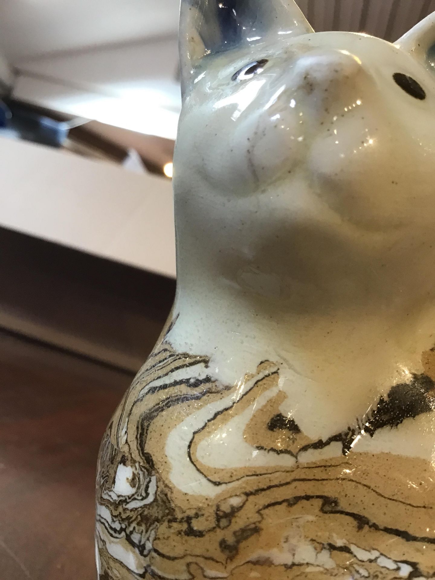 A 19th century agate ware pottery cat, with marbled glaze circa 1860 1cm wide 14.5cm high Hairline - Image 12 of 12
