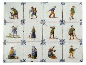 Twelve antique delft tiles, painted with figures, 13cm x 13cm