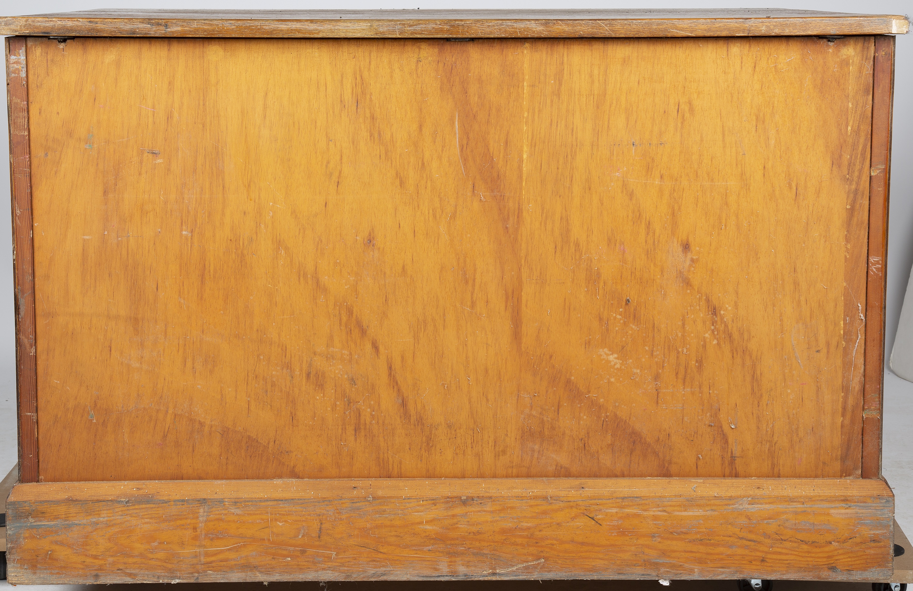 An early 20th century oak and pine five drawer plan chest, with cup handles and a plinth base, 120cm - Image 5 of 5