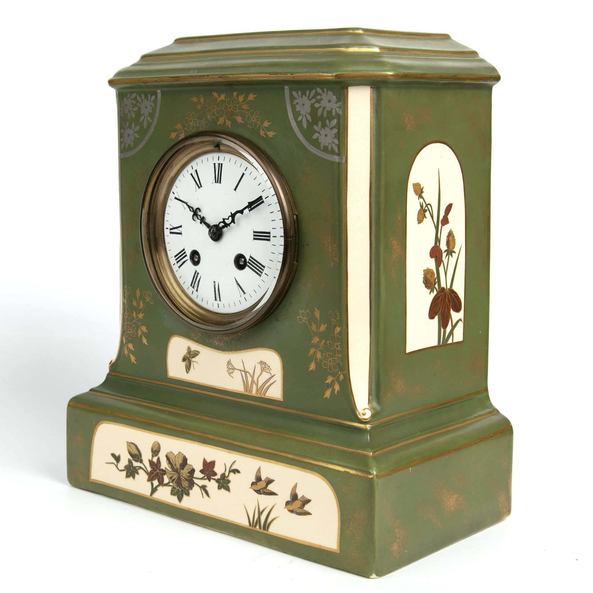 A Macintyre and Co. pottery case mantel clock, the enamelled dial with roman numerals overall, 25. - Image 3 of 5