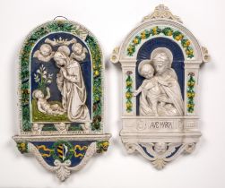 A Cantagalli pottery plaque of the Madonna and child 26cm wide 43cm high a further Cantagalli plaque