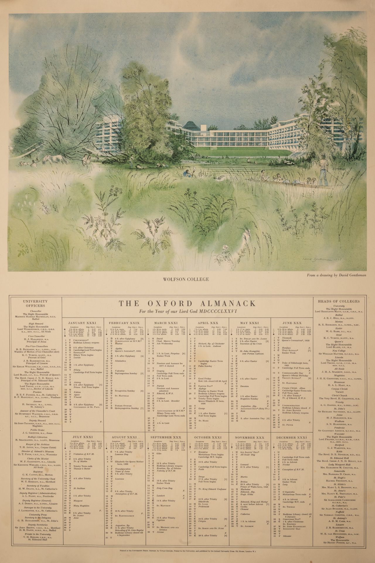 The Oxford Almanack for 1976 (Wolfson College) and 1981 (The River Cherwell) unframed, 56 x 760mm