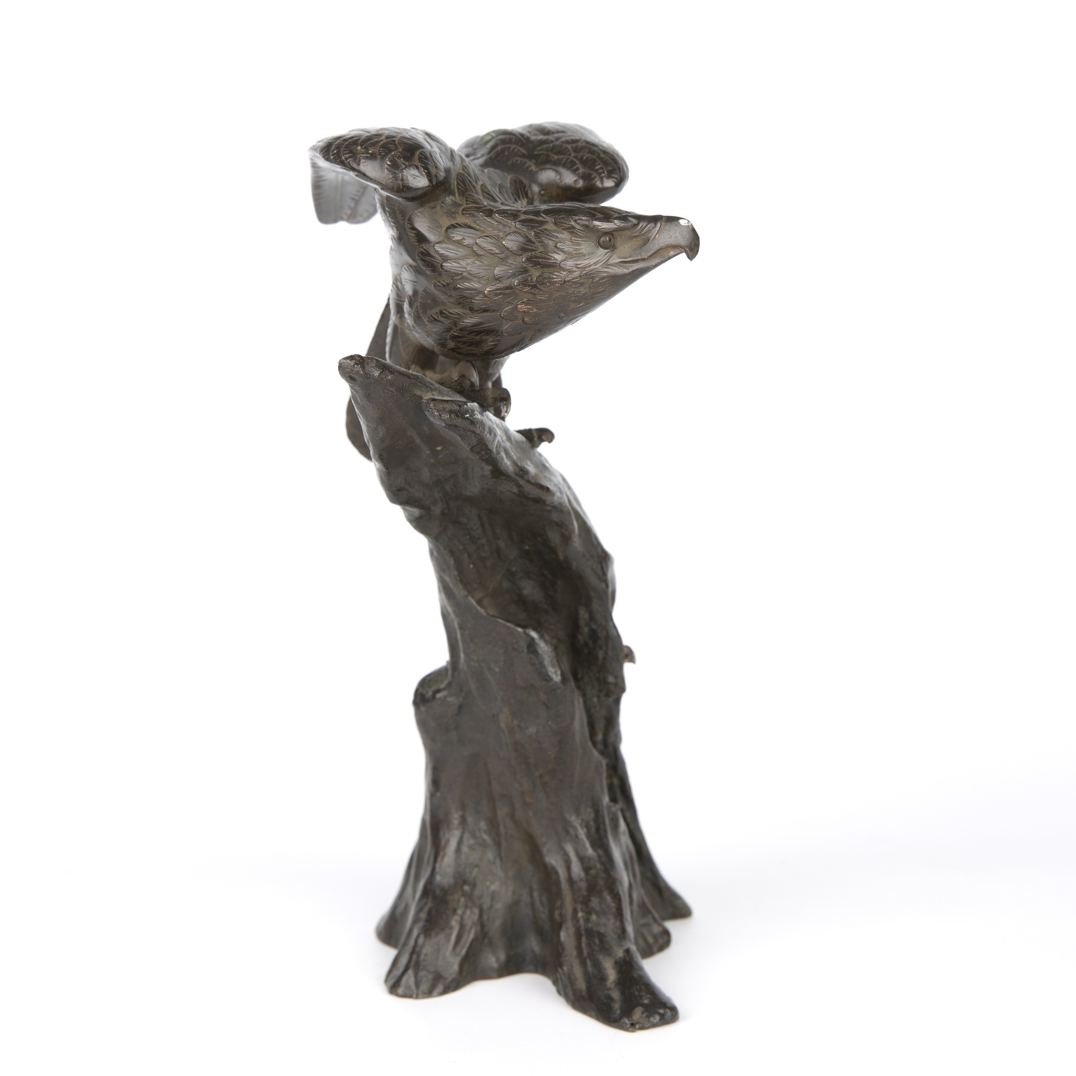 A 19th century Japanese bronze eagle on tree perch 15cm wide 26cm high together with an eastern - Image 5 of 11