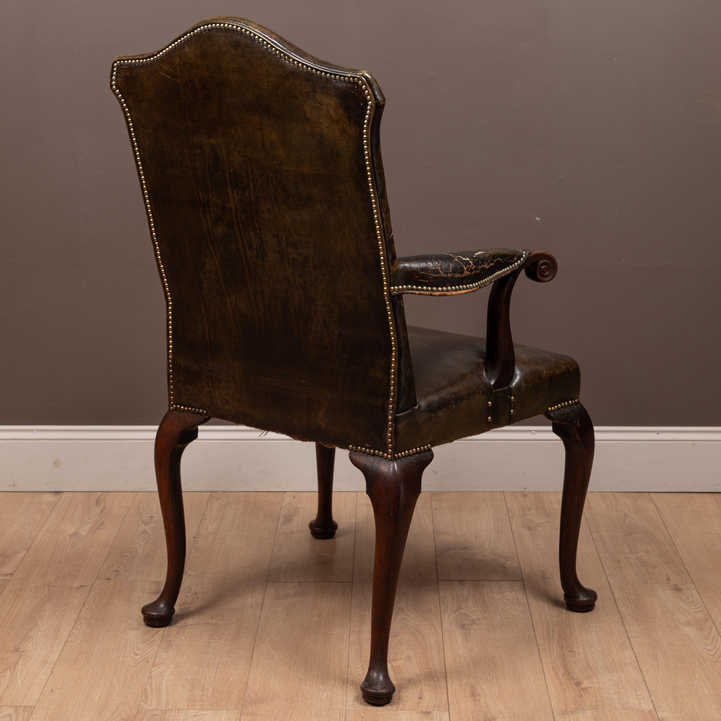 A George III mahogany framed leather upholstered library chair with a shaped back, scrolling arm - Image 3 of 9