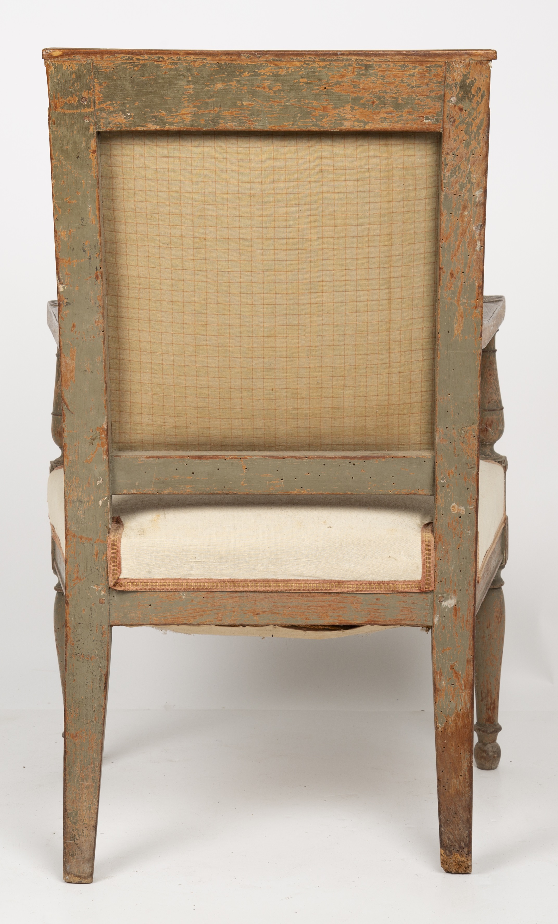 A 19th century French painted open armchair with a square back and turned legs 58cm wide 49cm deep - Image 4 of 4