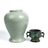 A Chinese porcelain celadon vase 22cm wide 26cm high together with a eastern bronze censer of