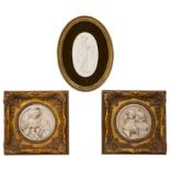 A Sevres porcelain oval classical plaque, 21cm x 12.5cm; together with a pair of composite reliefs