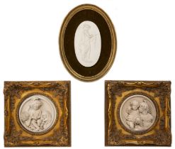 A Sevres porcelain oval classical plaque, 21cm x 12.5cm; together with a pair of composite reliefs