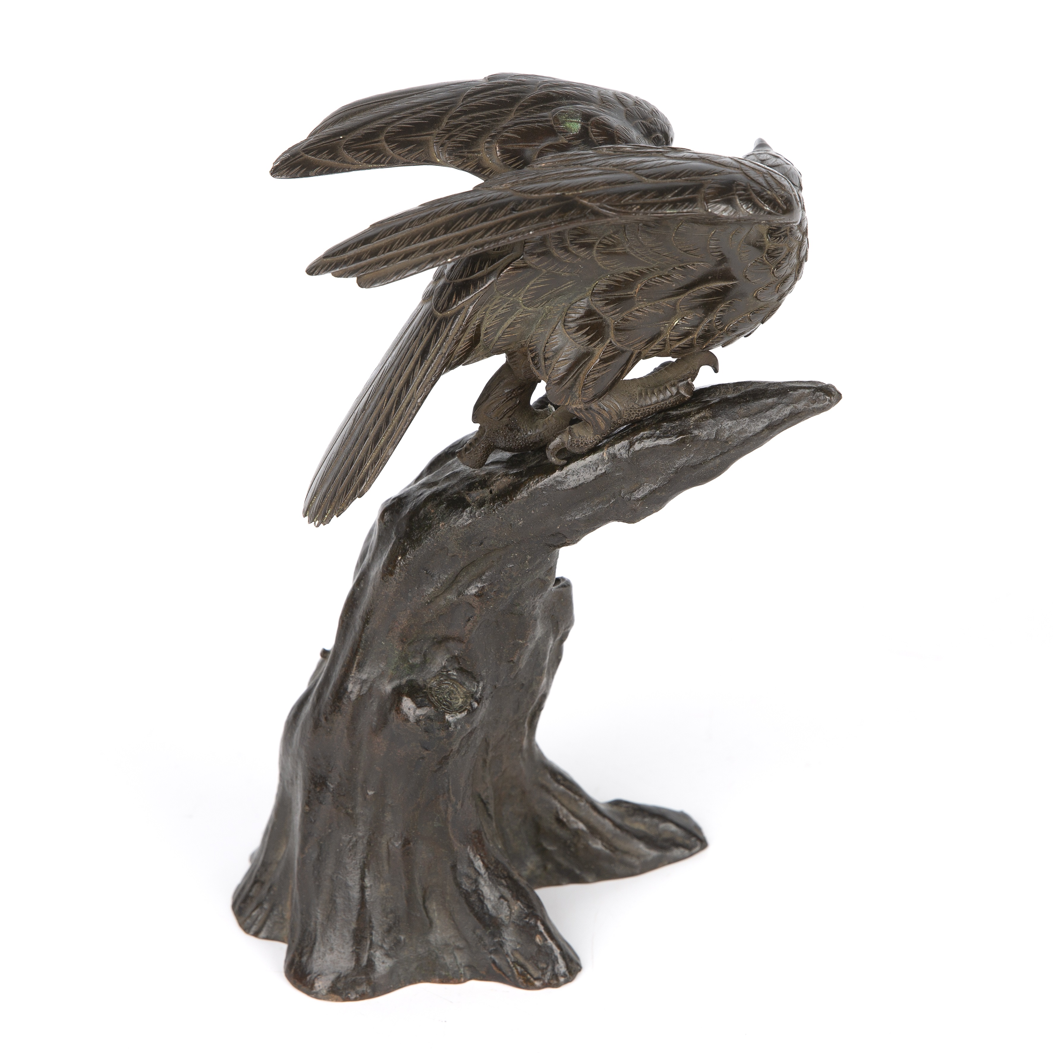 A 19th century Japanese bronze eagle on tree perch 15cm wide 26cm high together with an eastern - Image 4 of 11