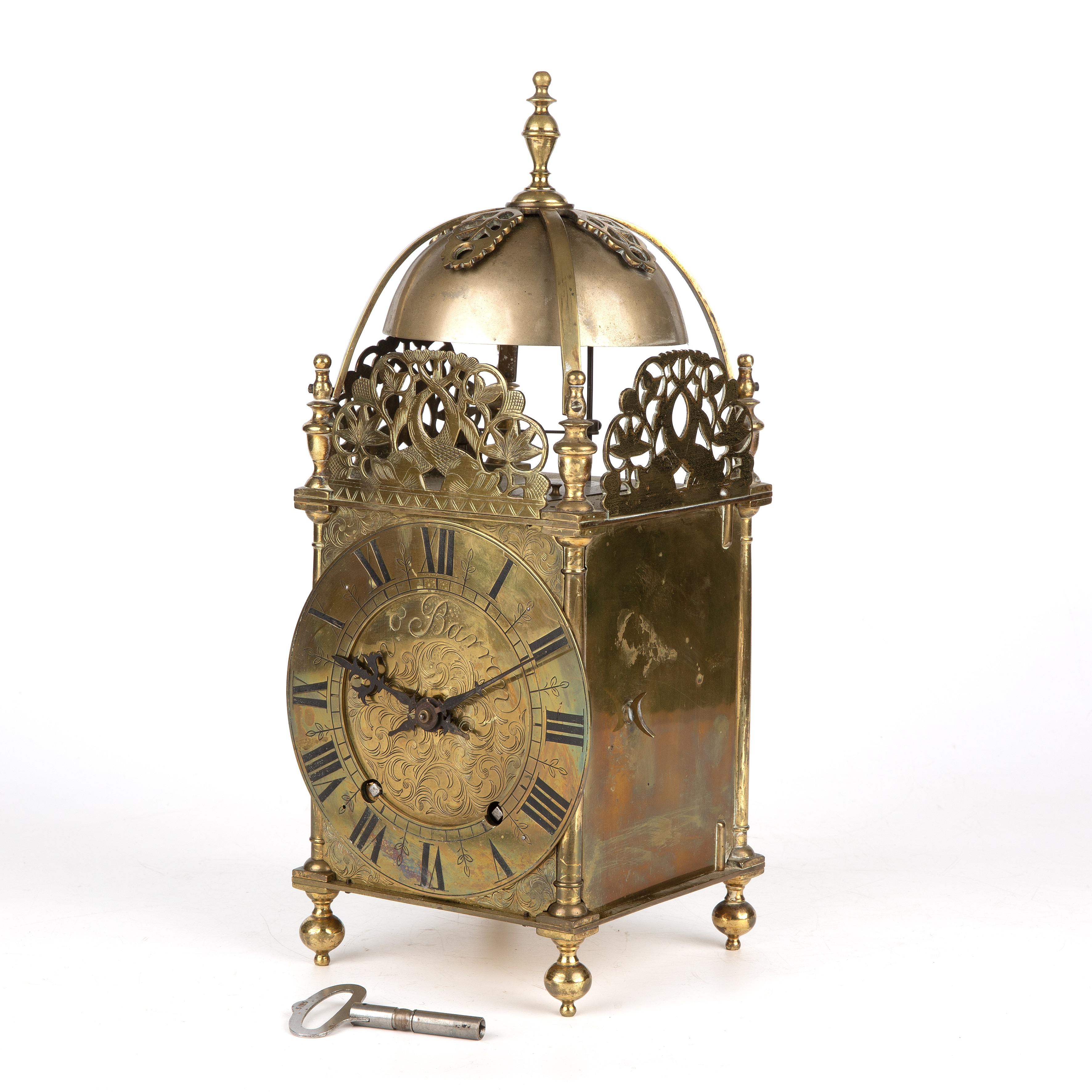 A 19th century brass lantern clock the dial with roman numerals engraved James Barron 16cm wide 40cm - Image 2 of 17