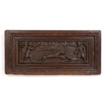 An antique possibly Flemish carved oak hunting scene mounted in carved oak frame overall 28cm x 61cm