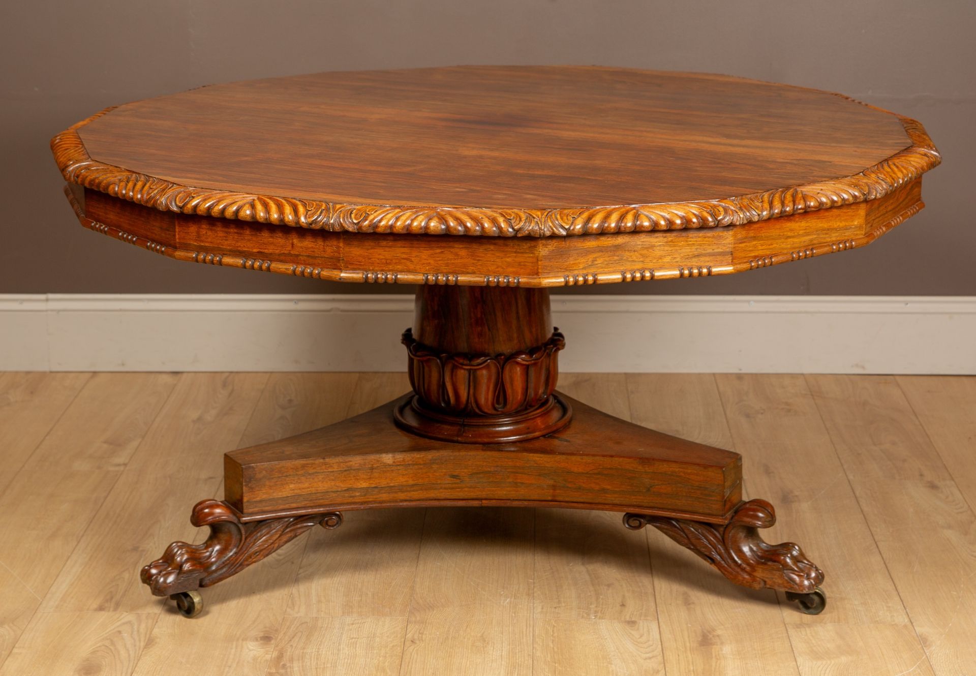 A Victorian rosewood circular centre table, with a gadrooned border, a tilt-top, a stout column - Image 2 of 3