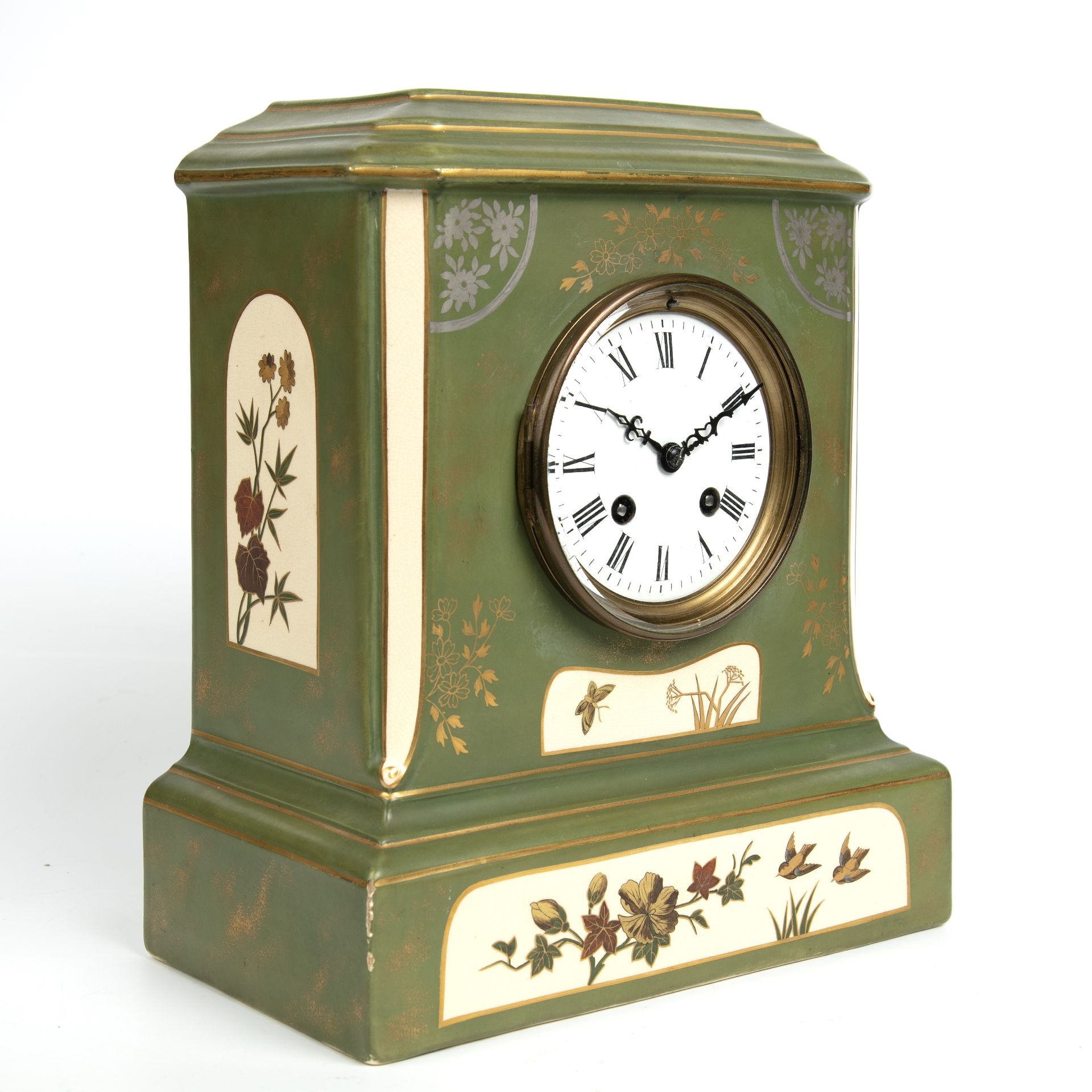 A Macintyre and Co. pottery case mantel clock, the enamelled dial with roman numerals overall, 25. - Bild 2 aus 5