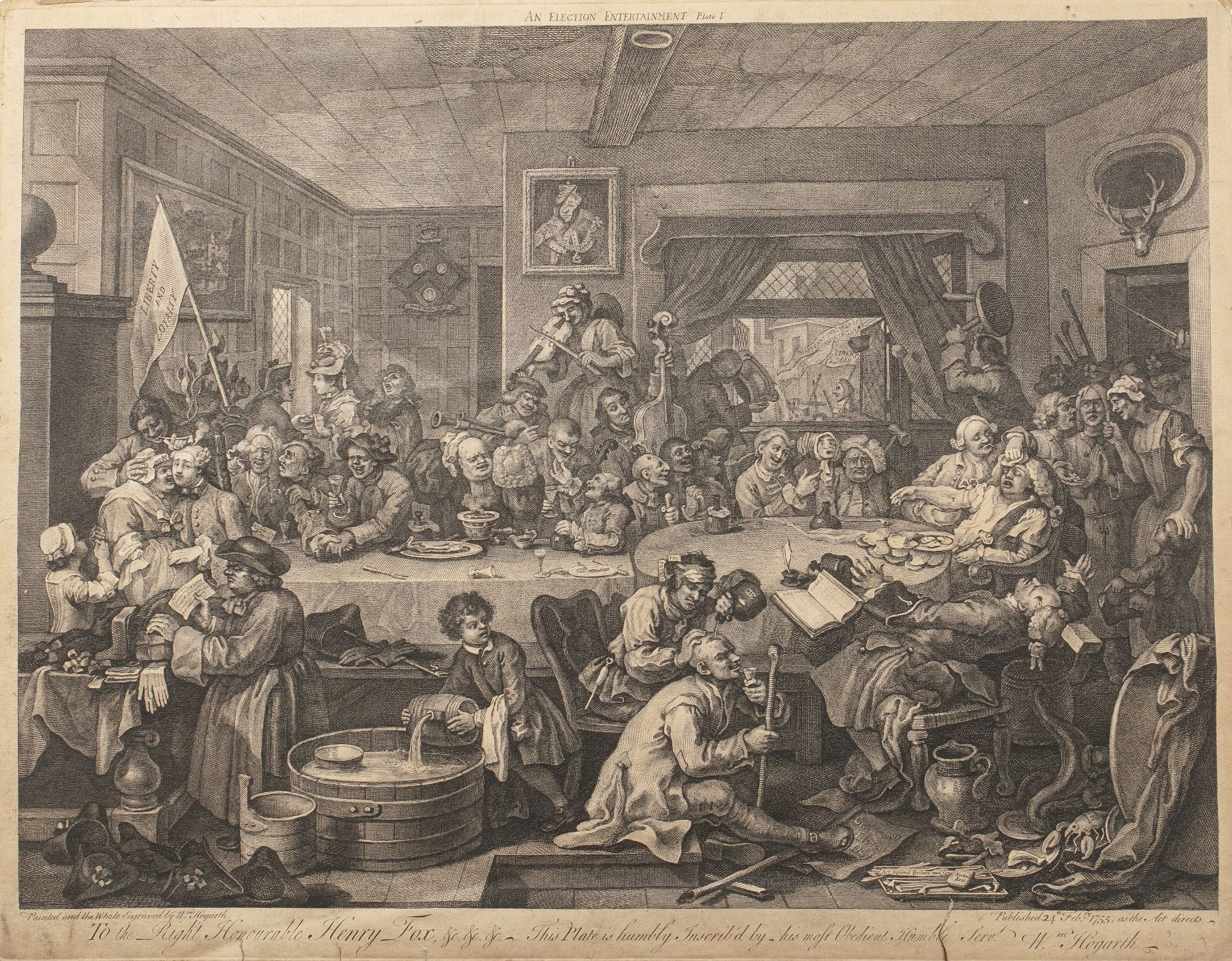 After William Hogarth (1697-1764), four engravings,40cm x 53cm An election entertainment plate 1,