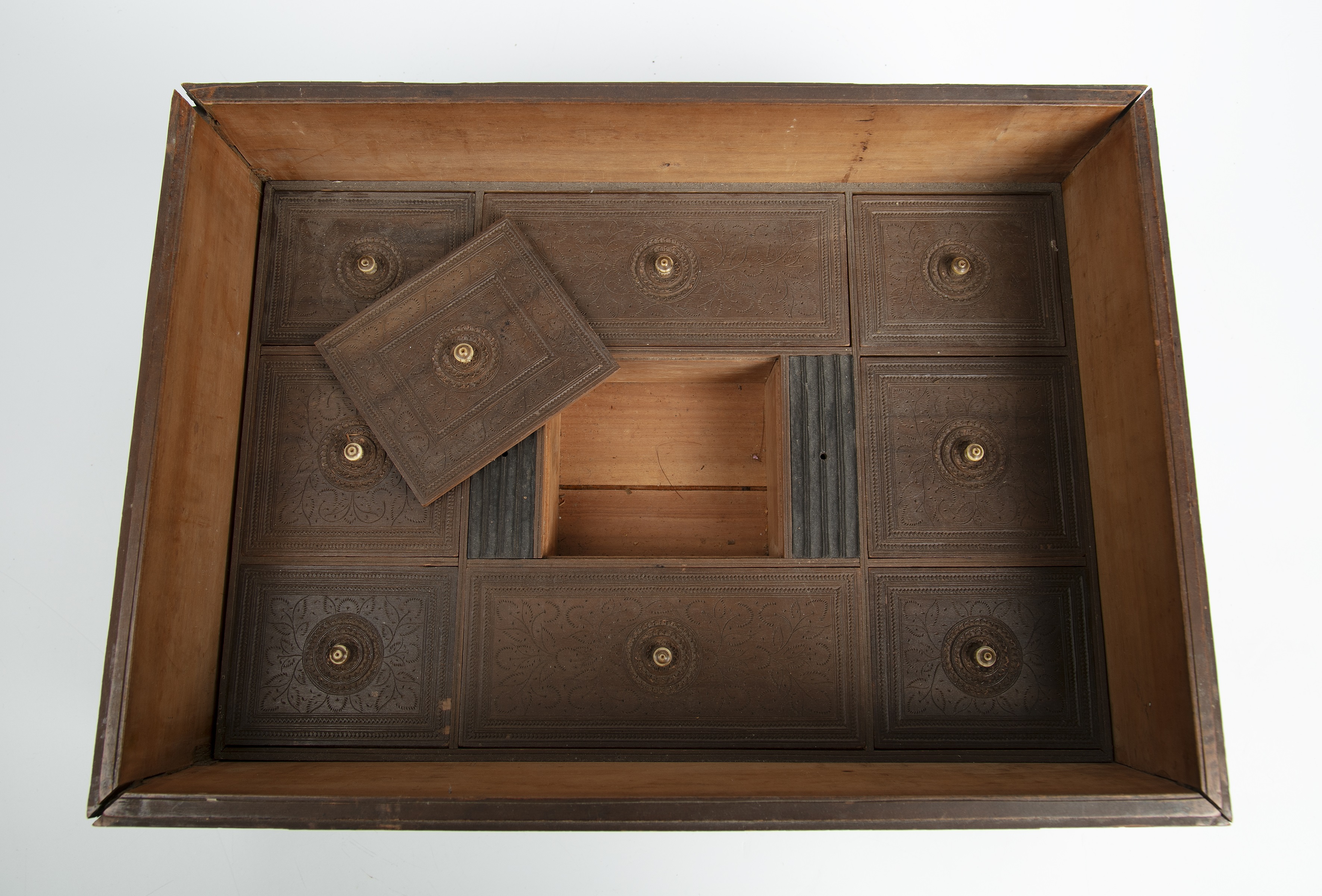 A 19th century Indian carved sandalwood box the lid opening to reveal nine compartments 39cm wide - Image 7 of 7
