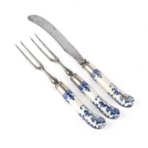 Three pieces of early 18th century steel and porcelain cutlery, circa 1720, the knife 20cm