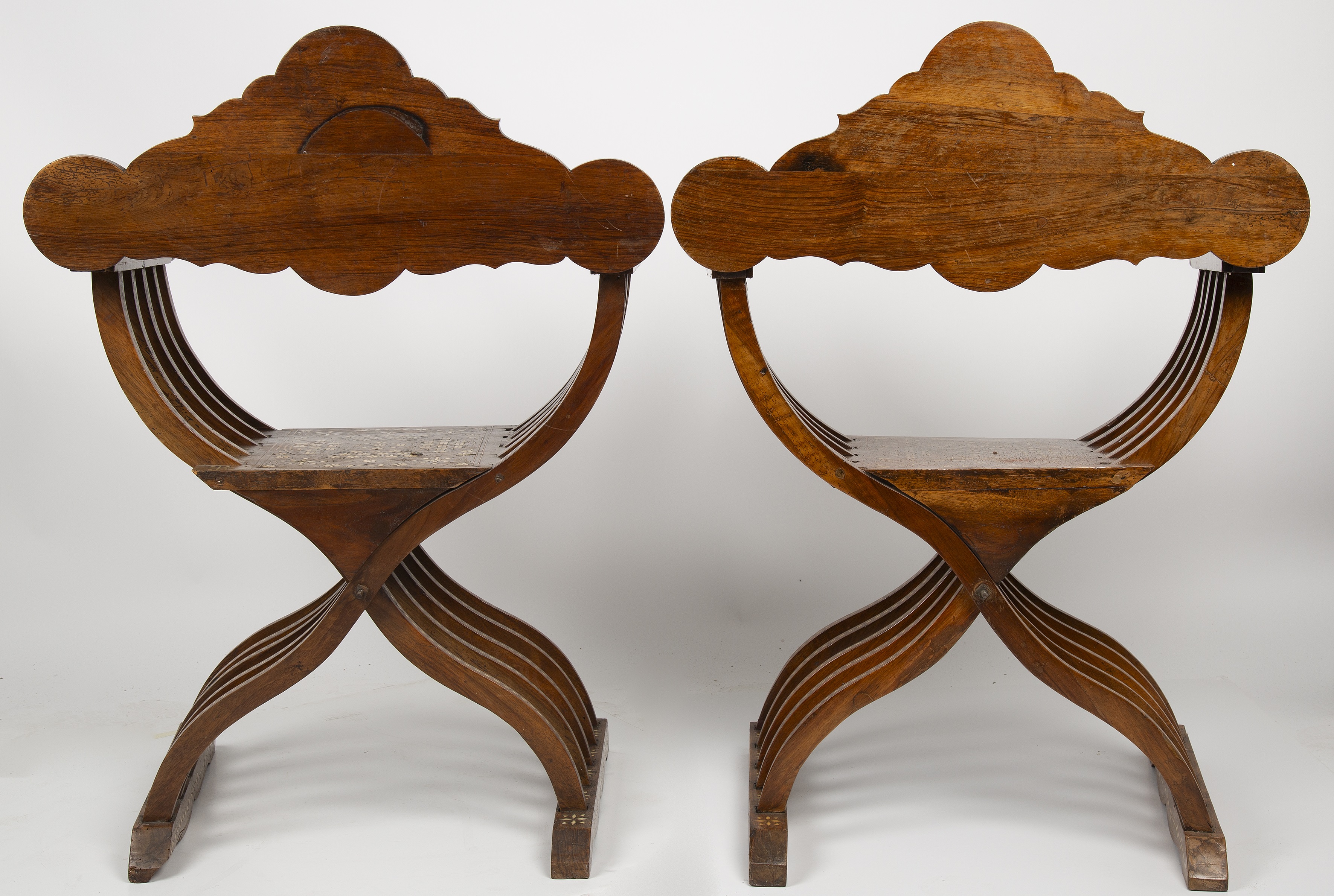 A pair of early 20th century eastern bone inlaid Savonarola chairs 70cm wide 50cm deep 97cm high - Image 3 of 3