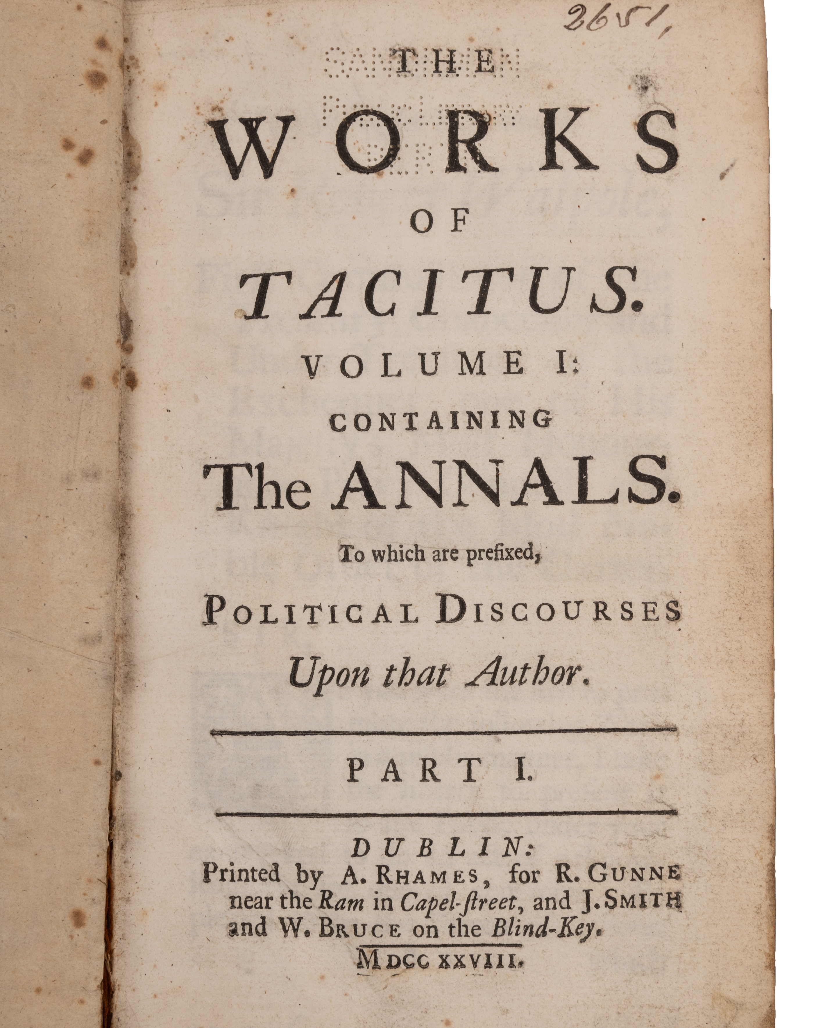 Tacitus-The Works - 4 vols with dedication to Sir Robert Walpole. Gunne et al, Dublin 1728. 4to. - Bild 2 aus 2