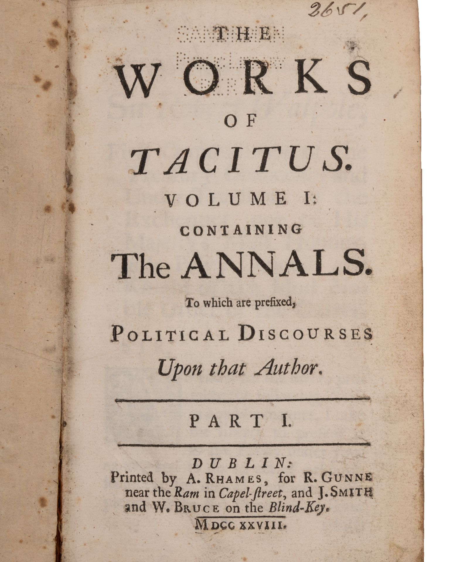 Tacitus-The Works - 4 vols with dedication to Sir Robert Walpole. Gunne et al, Dublin 1728. 4to. - Image 2 of 2