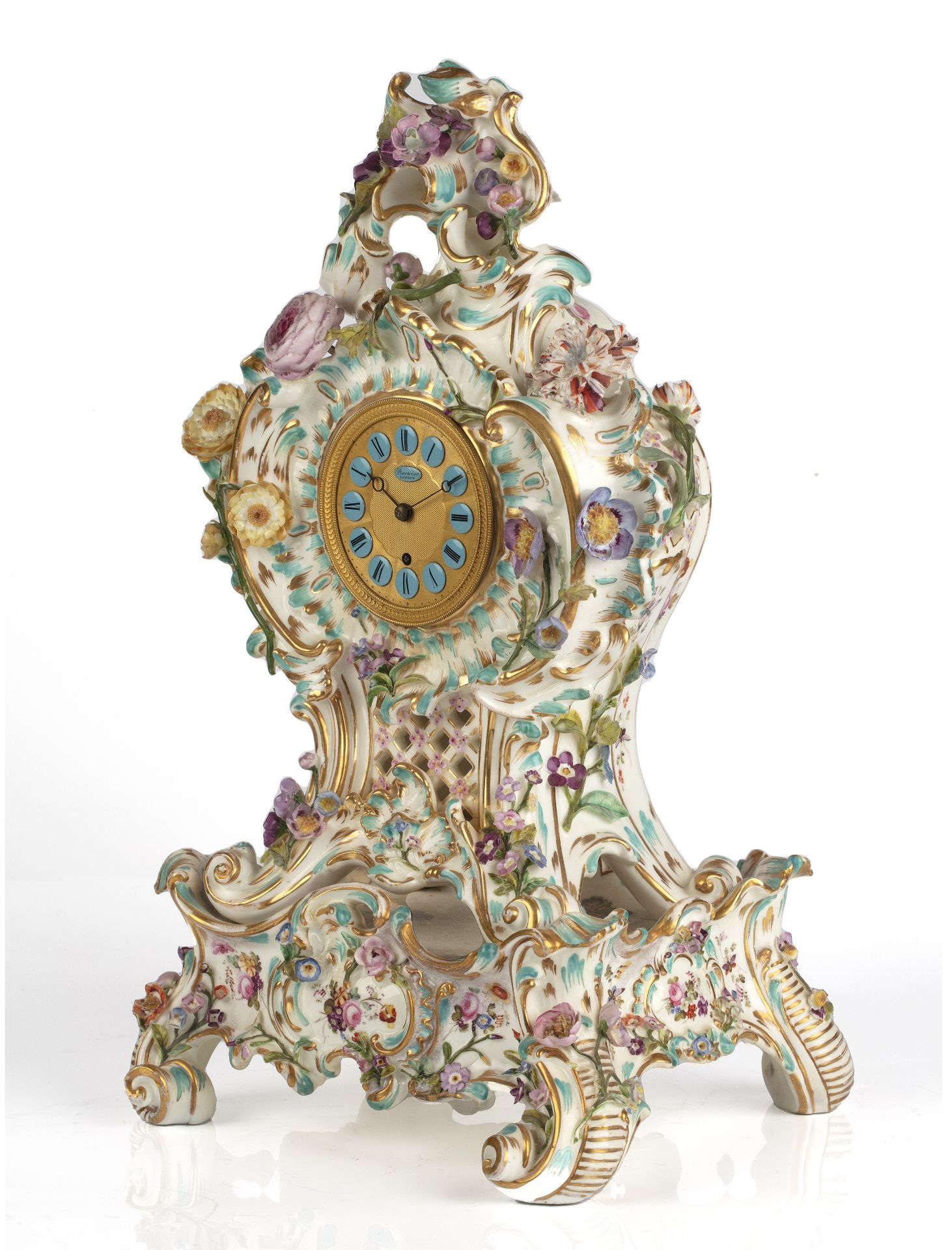 A 19th century porcelain mantel timepiece, the engine turned gilt dial with blue enamel Roman - Image 3 of 9