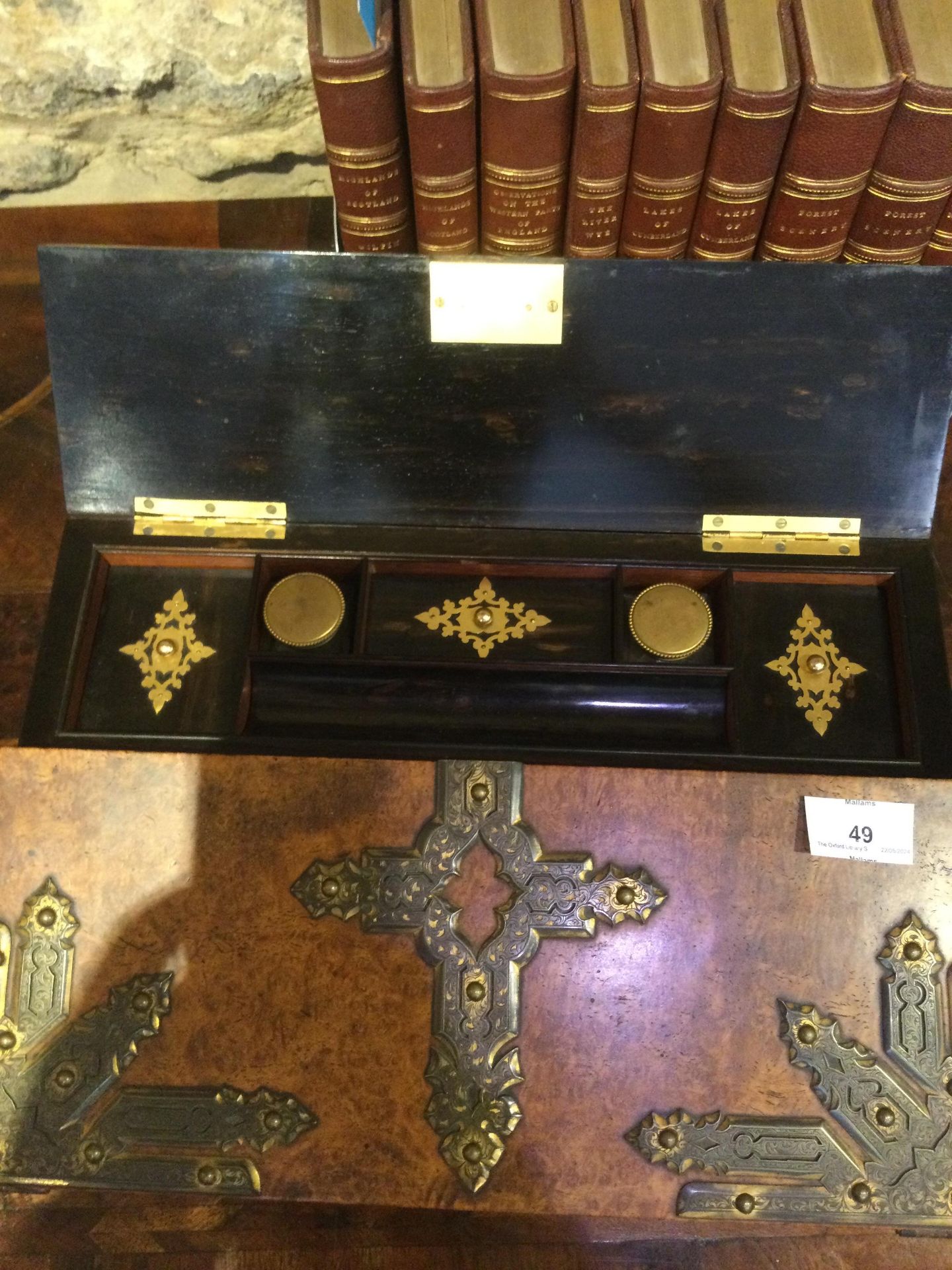 A 19th century Scottish walnut writing slope with gilt mounts by E Pritty Glasgow 35cm wide 25cm - Bild 24 aus 24