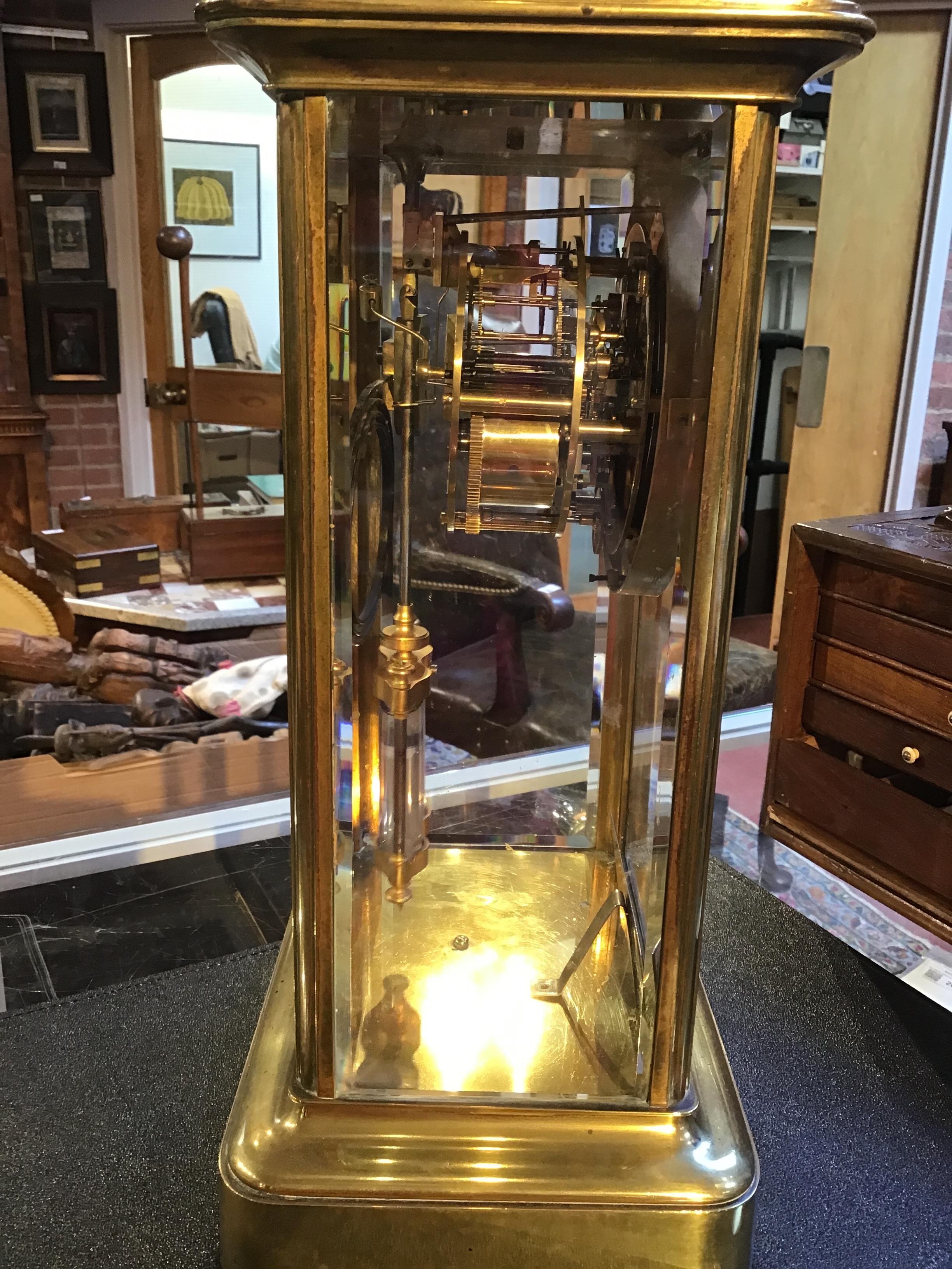 A 19th century French four glass gilt metal mantle clock, the enamel dial with roman numerals, - Image 4 of 16