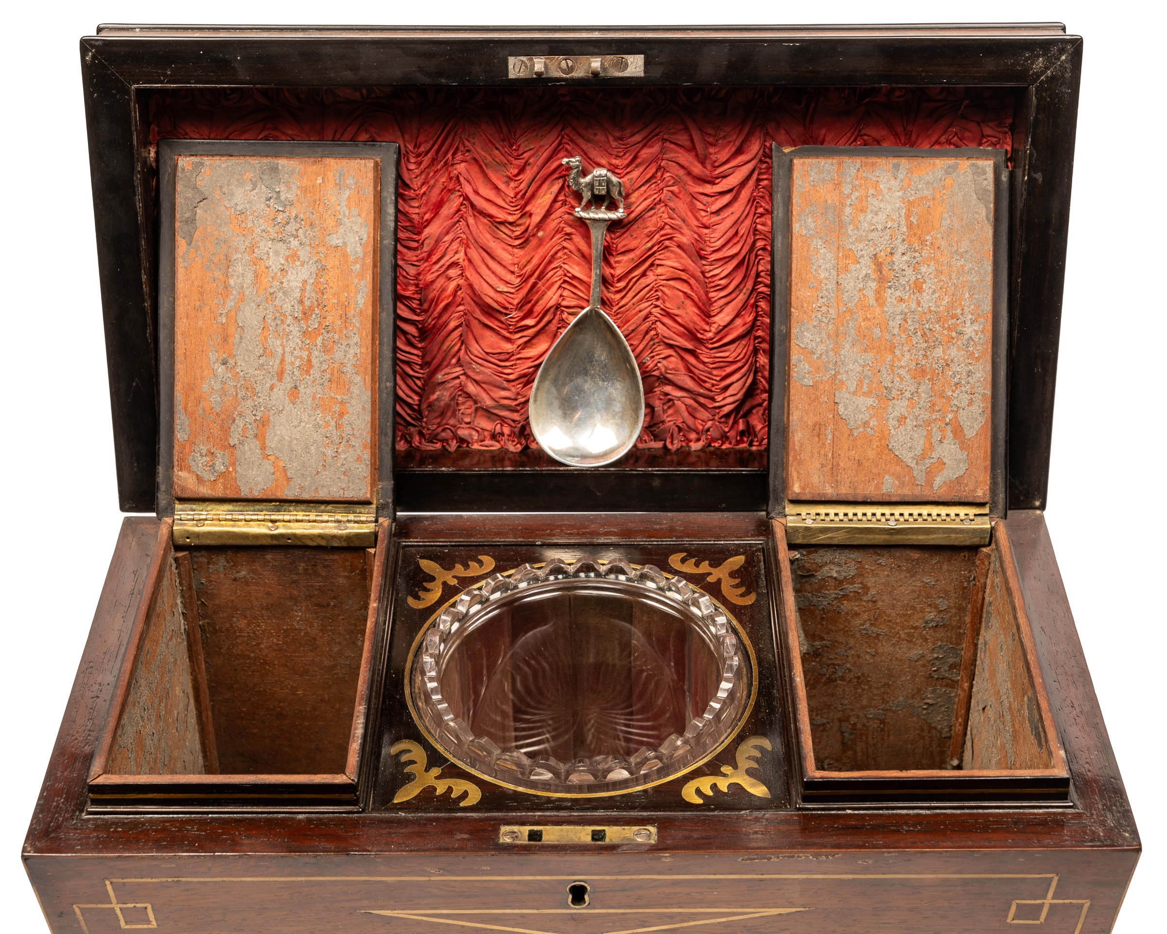 A Regency tea caddy of sarcophagus form on brass paw feet, the top opening to reveal a fitted - Image 5 of 6