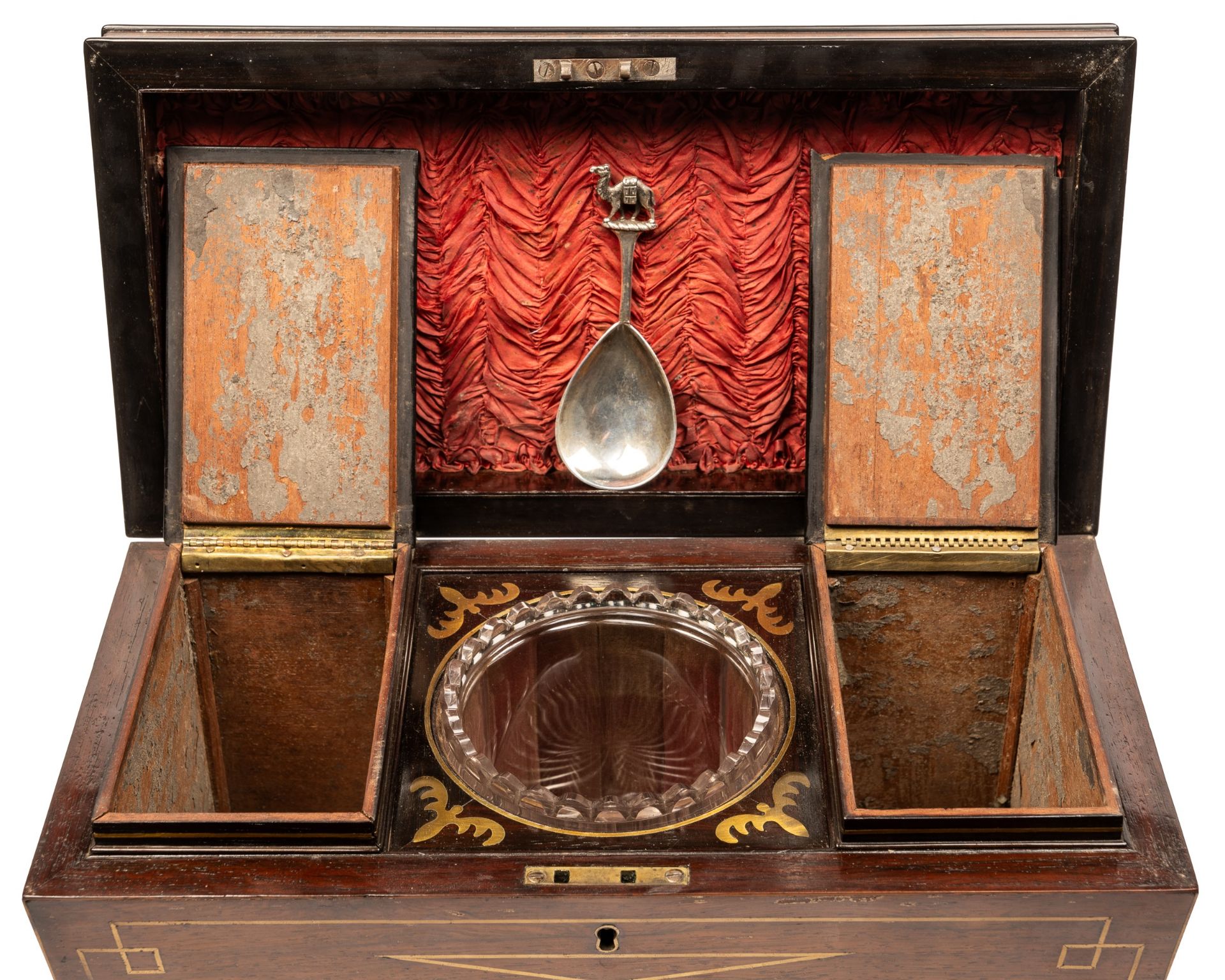 A Regency tea caddy of sarcophagus form on brass paw feet, the top opening to reveal a fitted - Bild 5 aus 6