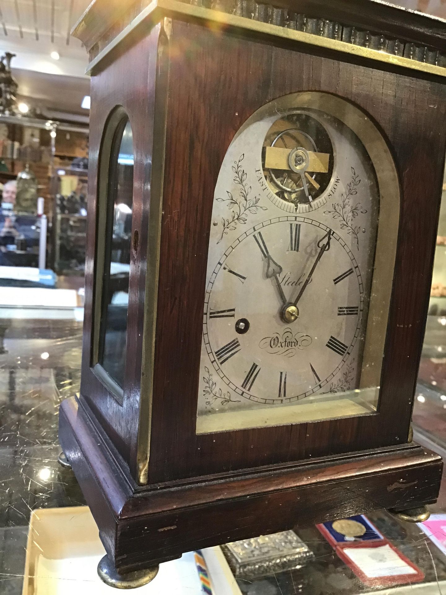 A mid 19th century rosewood campaign travelling timepiece with a visible escapement and a fusee - Bild 11 aus 14