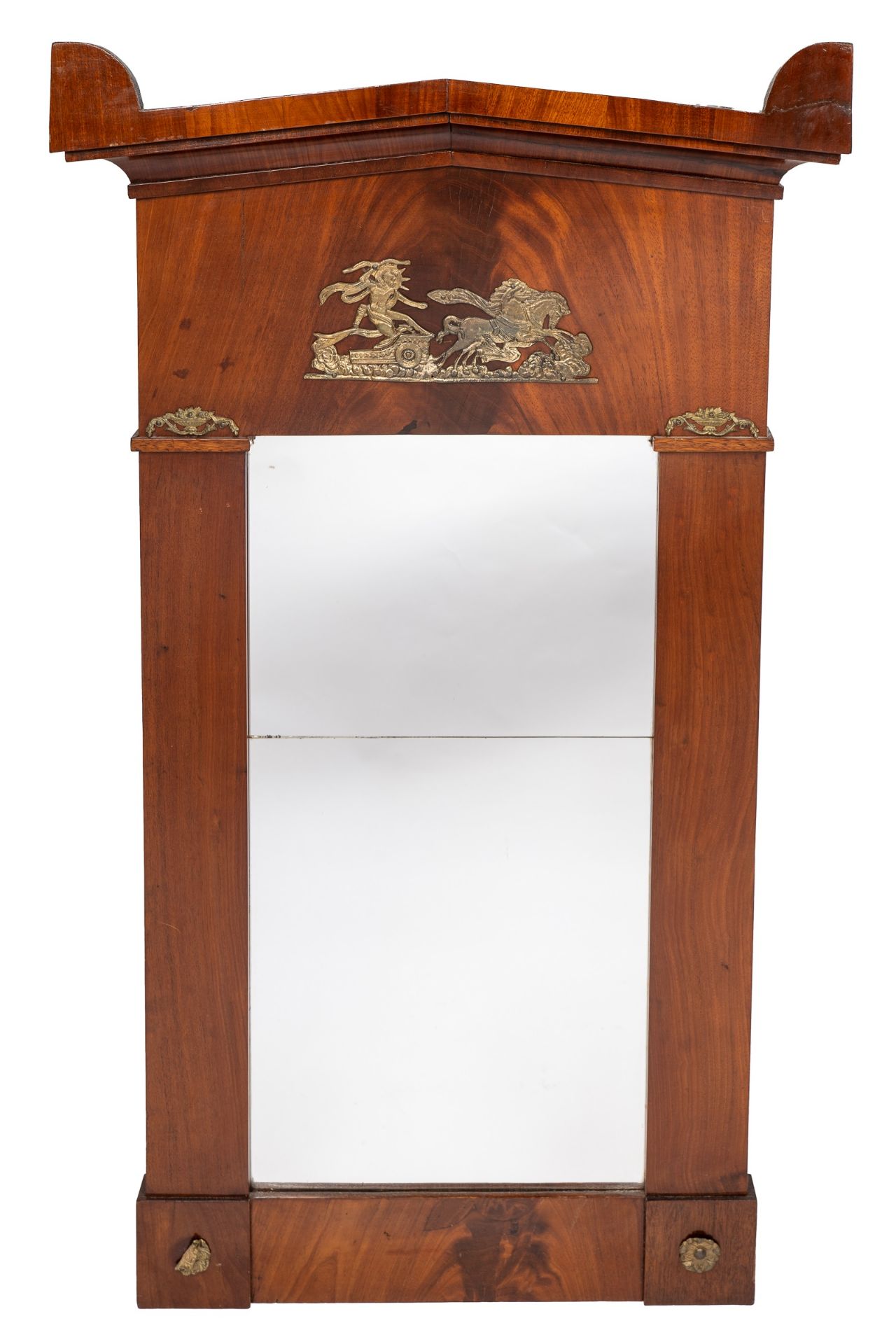 A French Empire style mahogany framed wall mirror the pedimented top above a brass mount of Apollo