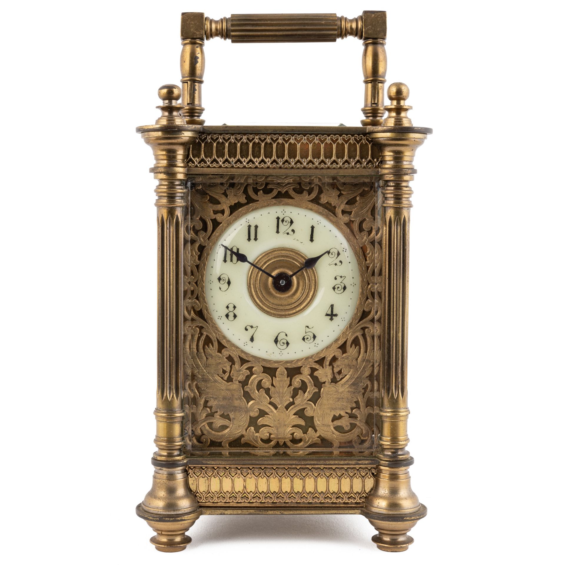 An early 20th century French gilt brass carriage timepiece 9cm wide 13cm high