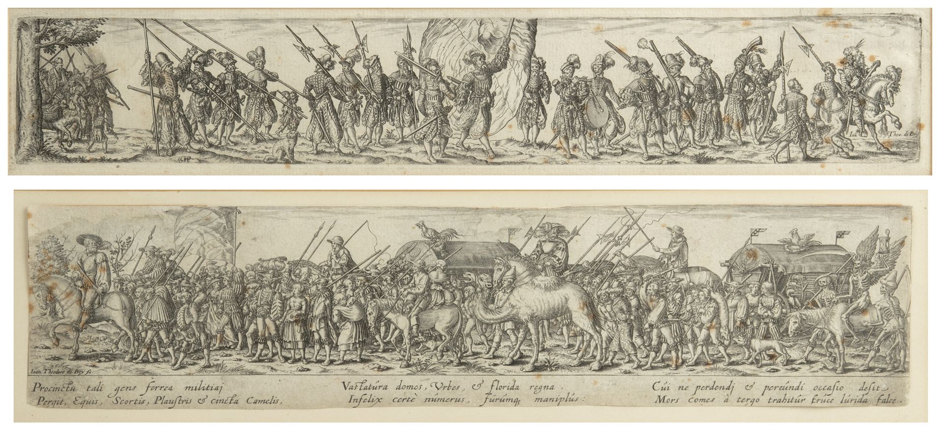 John Theodore De Bry (1561-1623) two processions of soldiers each 28cm in length.