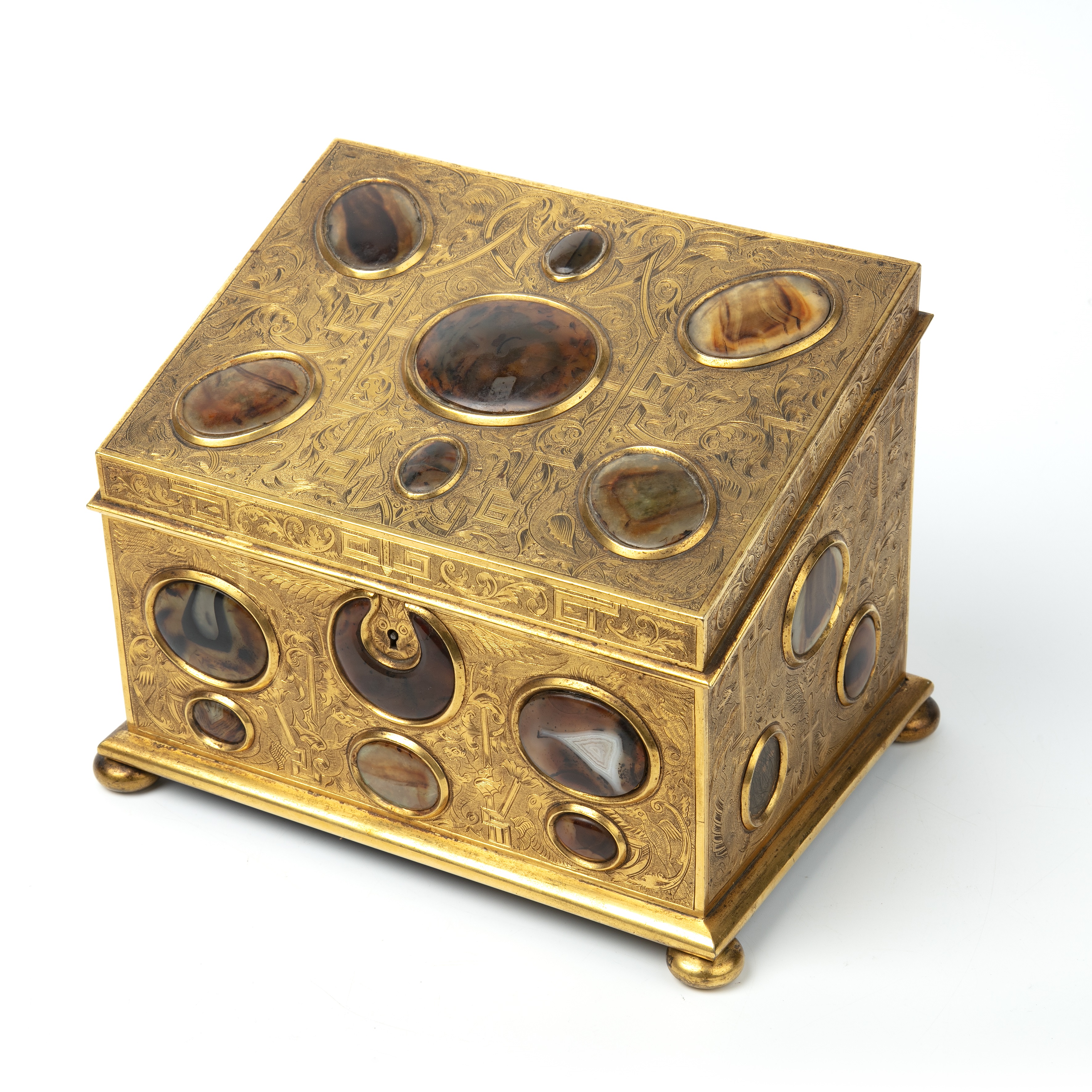 A 19th century correspondence gilt box with engraved decoration and inset cabochon stones hardstones - Image 3 of 25