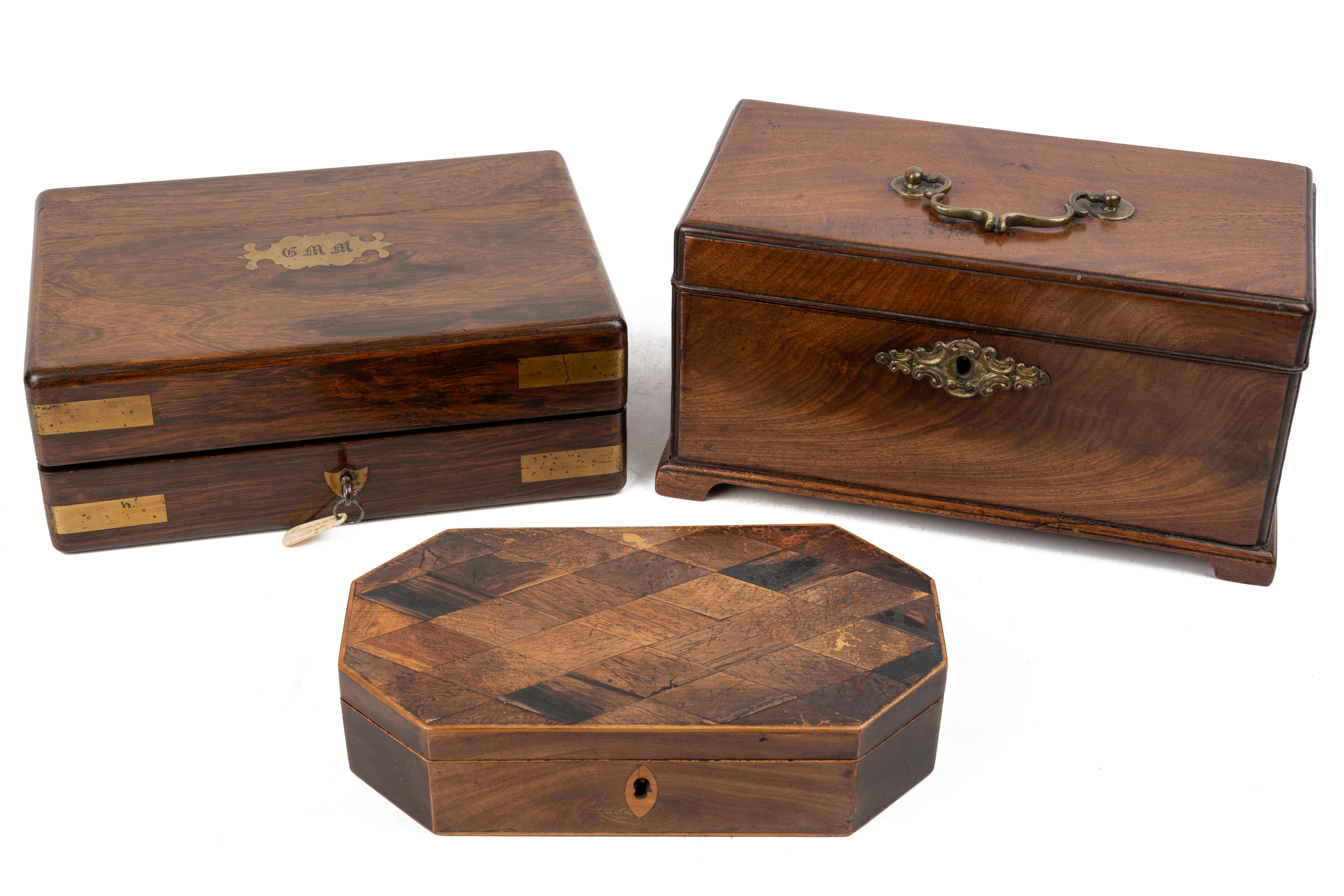 A Regency mahogany tea caddy 25cm wide a rosewood box and a parquetry box 22cm wide. - Image 5 of 6