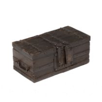 An early 16th century English studded iron bound money box 52cm wide 28cm deep 23cm high
