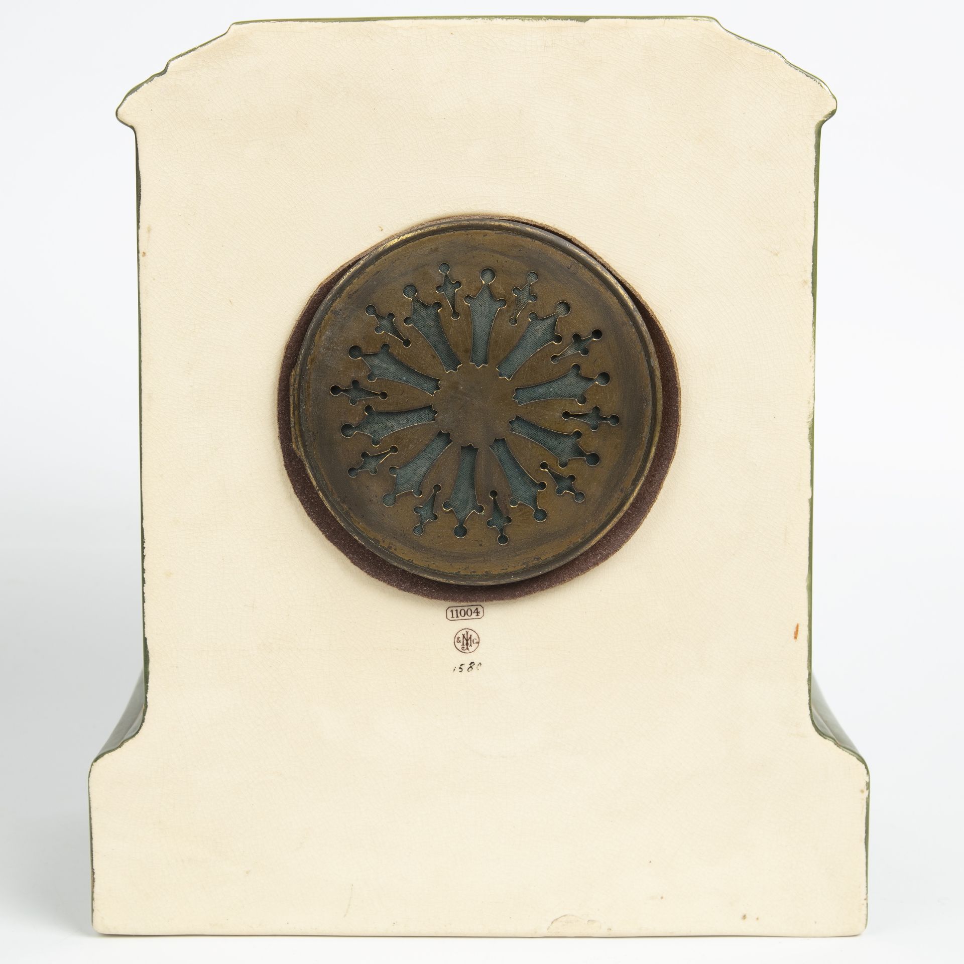 A Macintyre and Co. pottery case mantel clock, the enamelled dial with roman numerals overall, 25. - Image 4 of 5