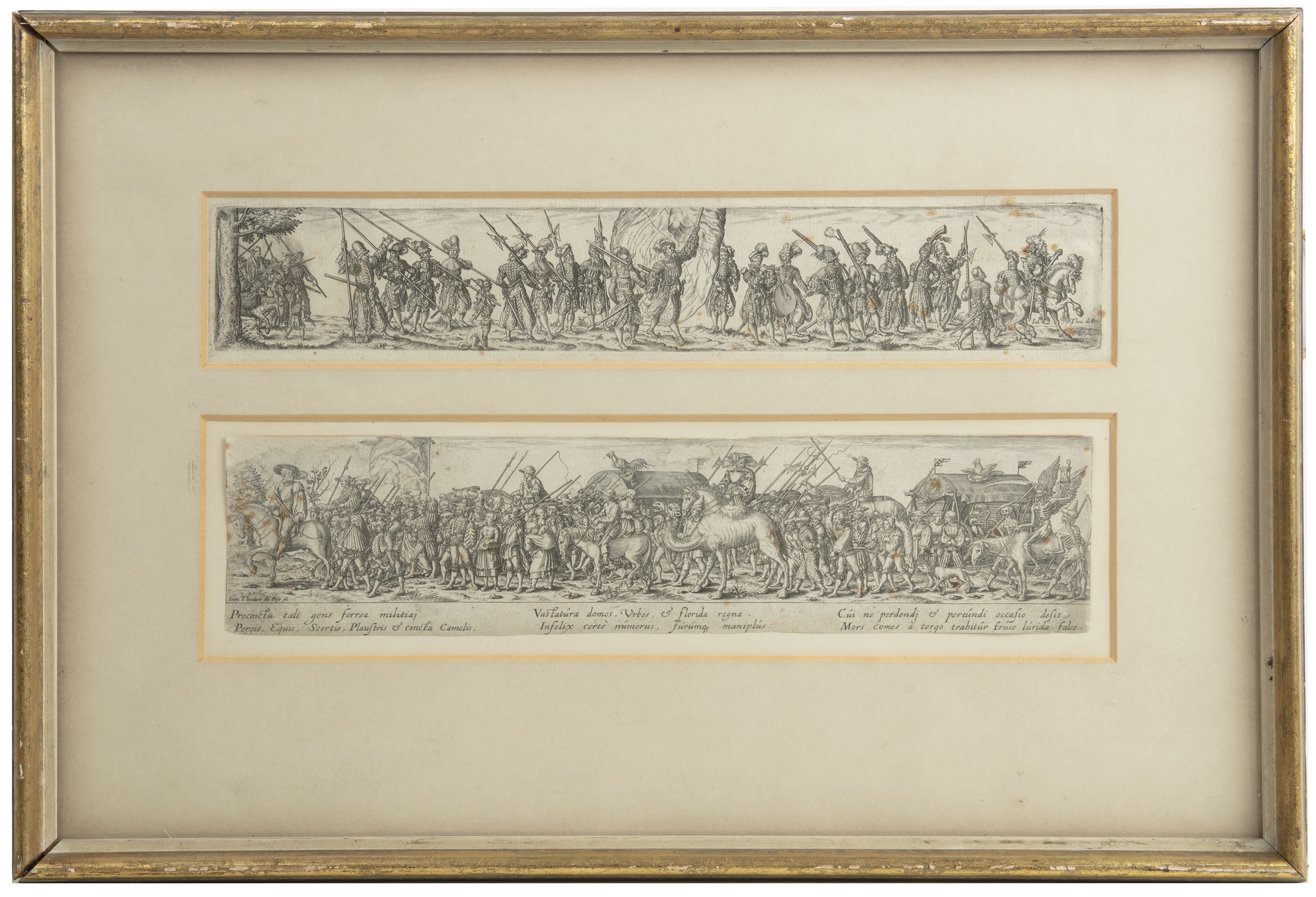 John Theodore De Bry (1561-1623) two processions of soldiers each 28cm in length. - Image 2 of 3
