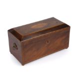A George III walnut tea caddy with a satinwood shell inlaid top, lions mask handles and brass ball