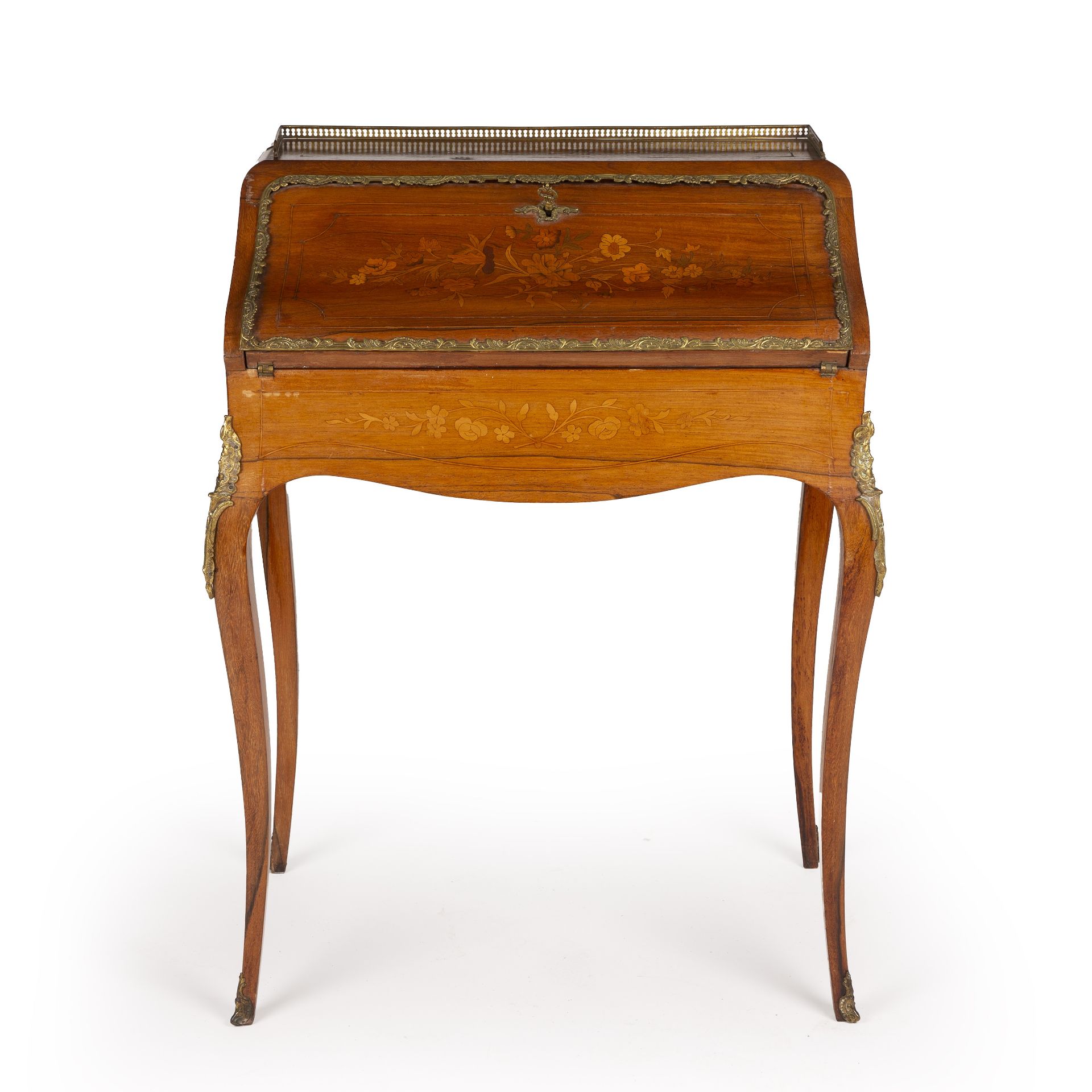 A late 19th century French walnut bureau de dame with marquetry inlay and gilt mounts 67cm wide 44cm - Bild 2 aus 6