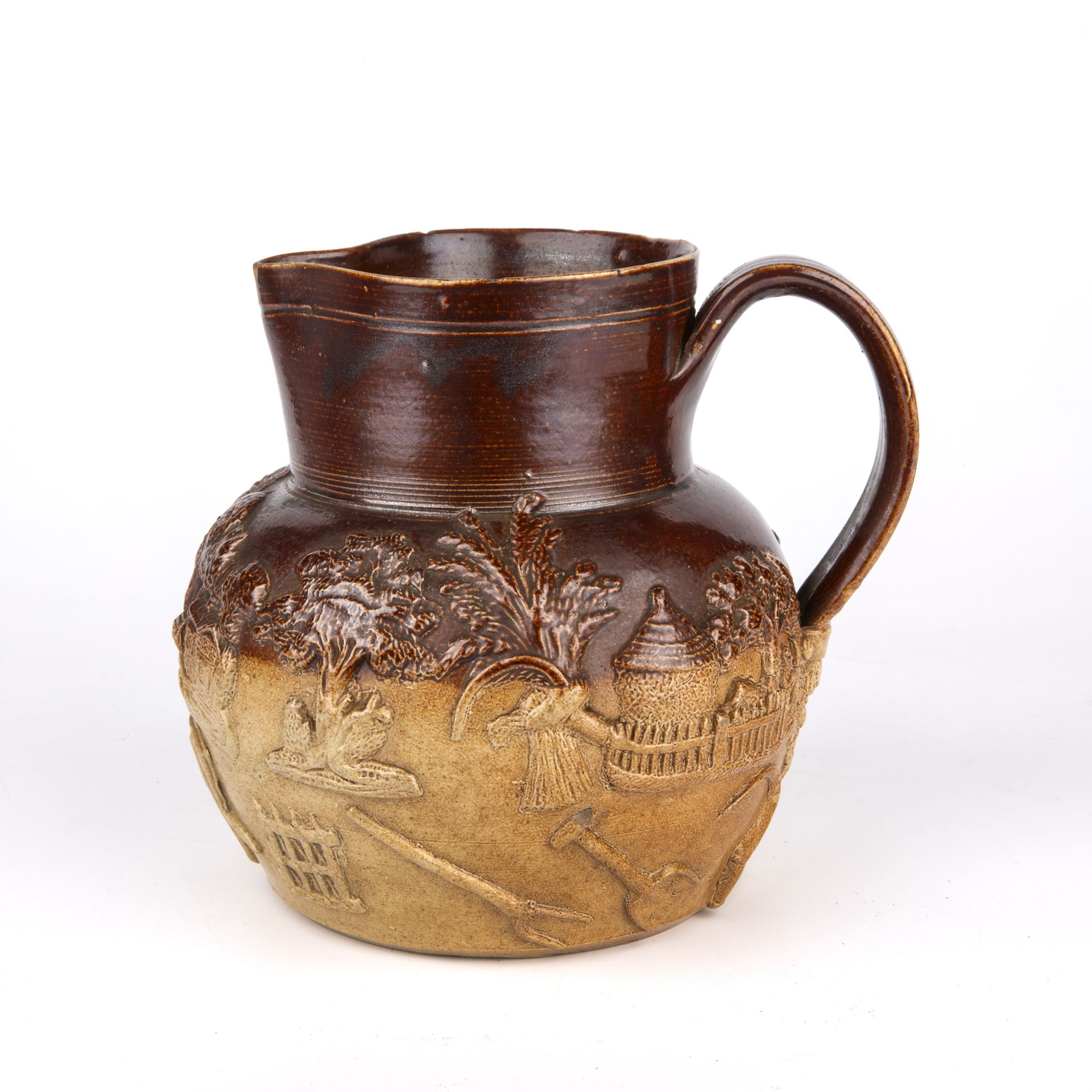 An early 19th century stoneware harvest jug in the manner of Joseph Kishere, Mortlake circa 1820,