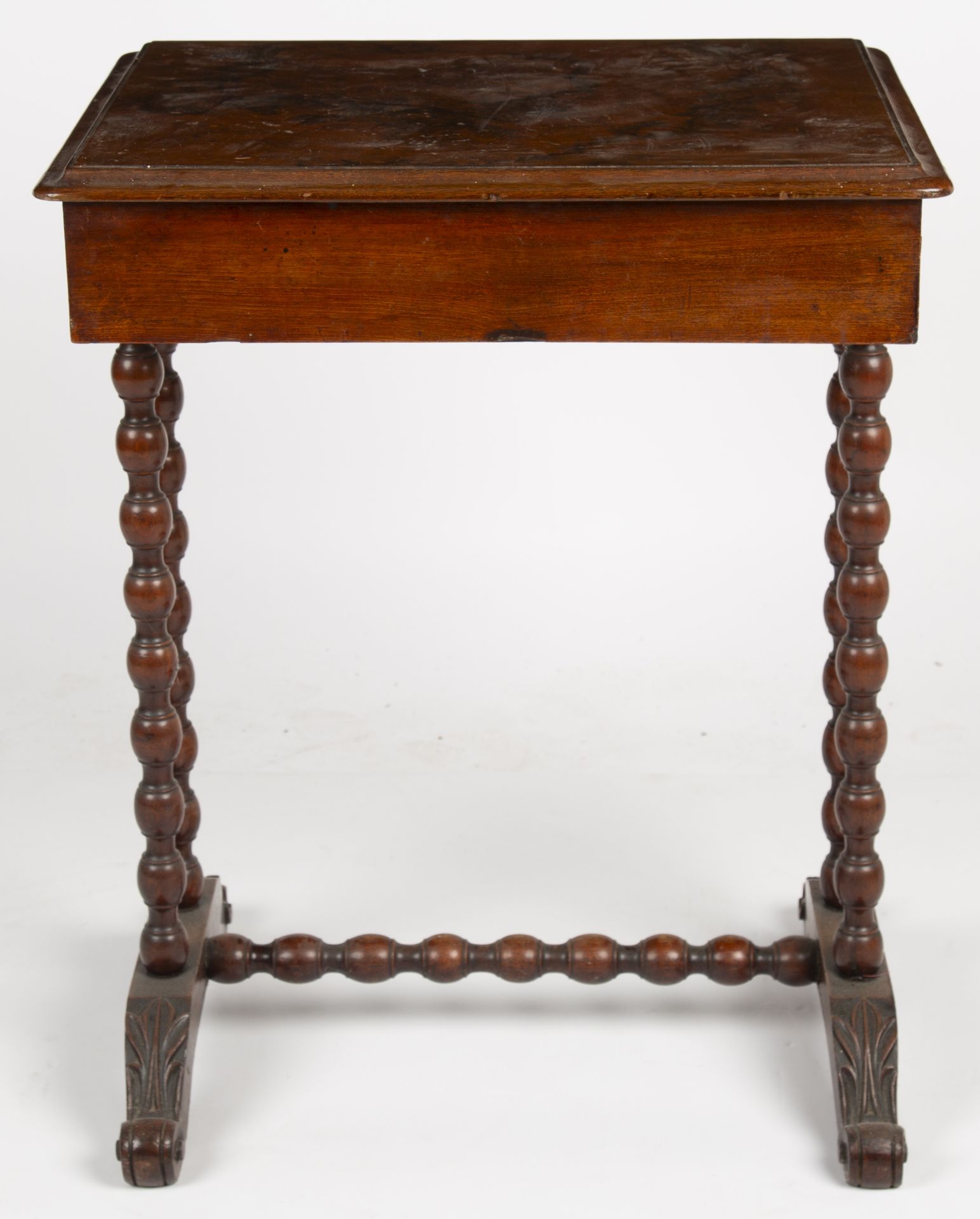 A Victorian walnut work table with bobbin turned supports 54cm wide 43cm deep 67cm high - Image 6 of 6