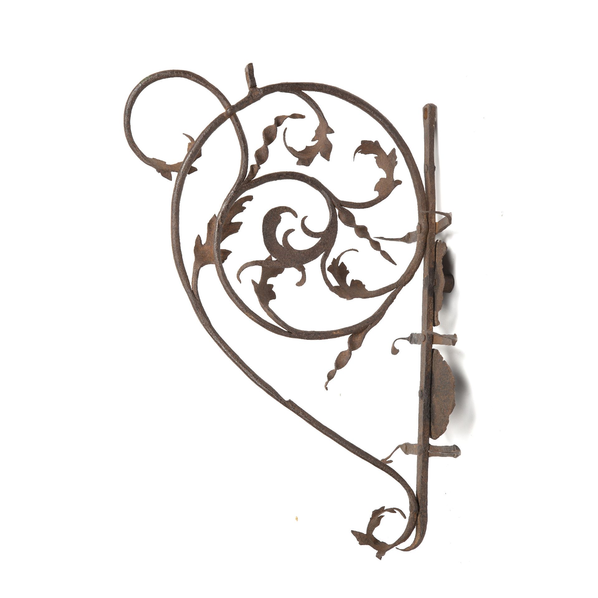 An early 18th century wrought iron bracket with two candle sconces and foliate designs 60cm x 45cm - Image 2 of 2