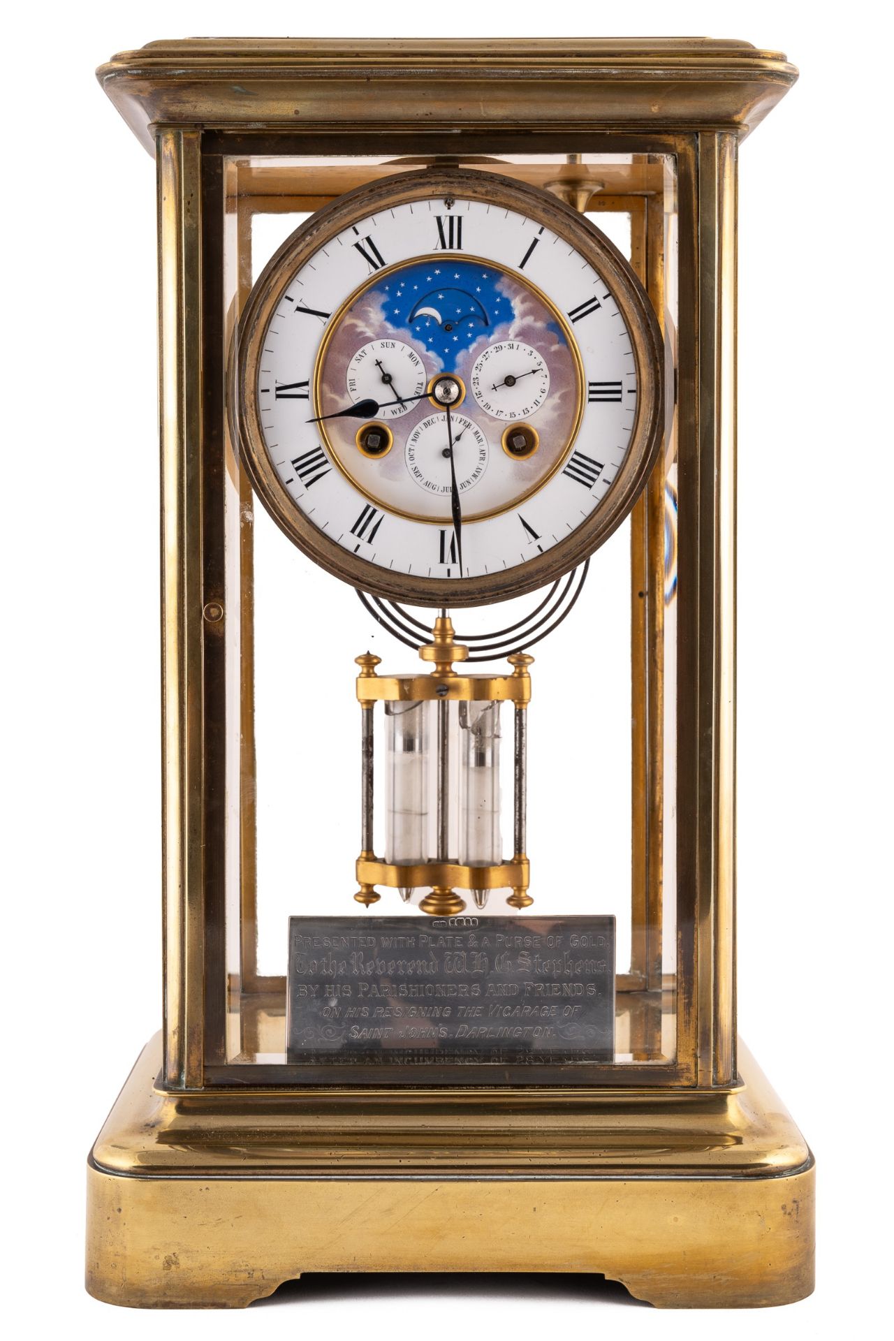 A 19th century French four glass gilt metal mantle clock, the enamel dial with roman numerals,