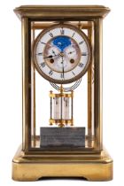 A 19th century French four glass gilt metal mantle clock, the enamel dial with roman numerals,