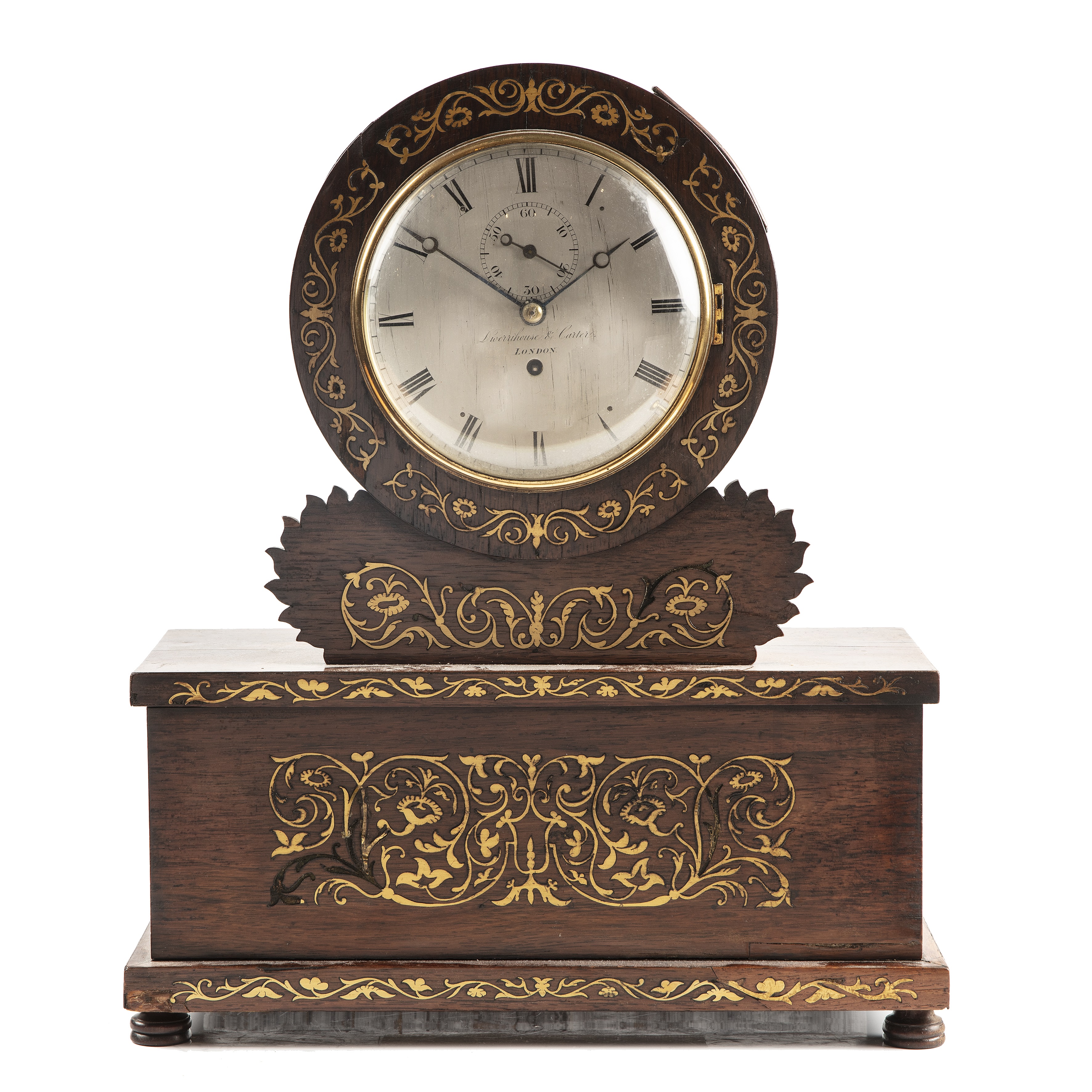 A 19th century rosewood drumhead library timepiece, the silvered Roman dial with subsidiary