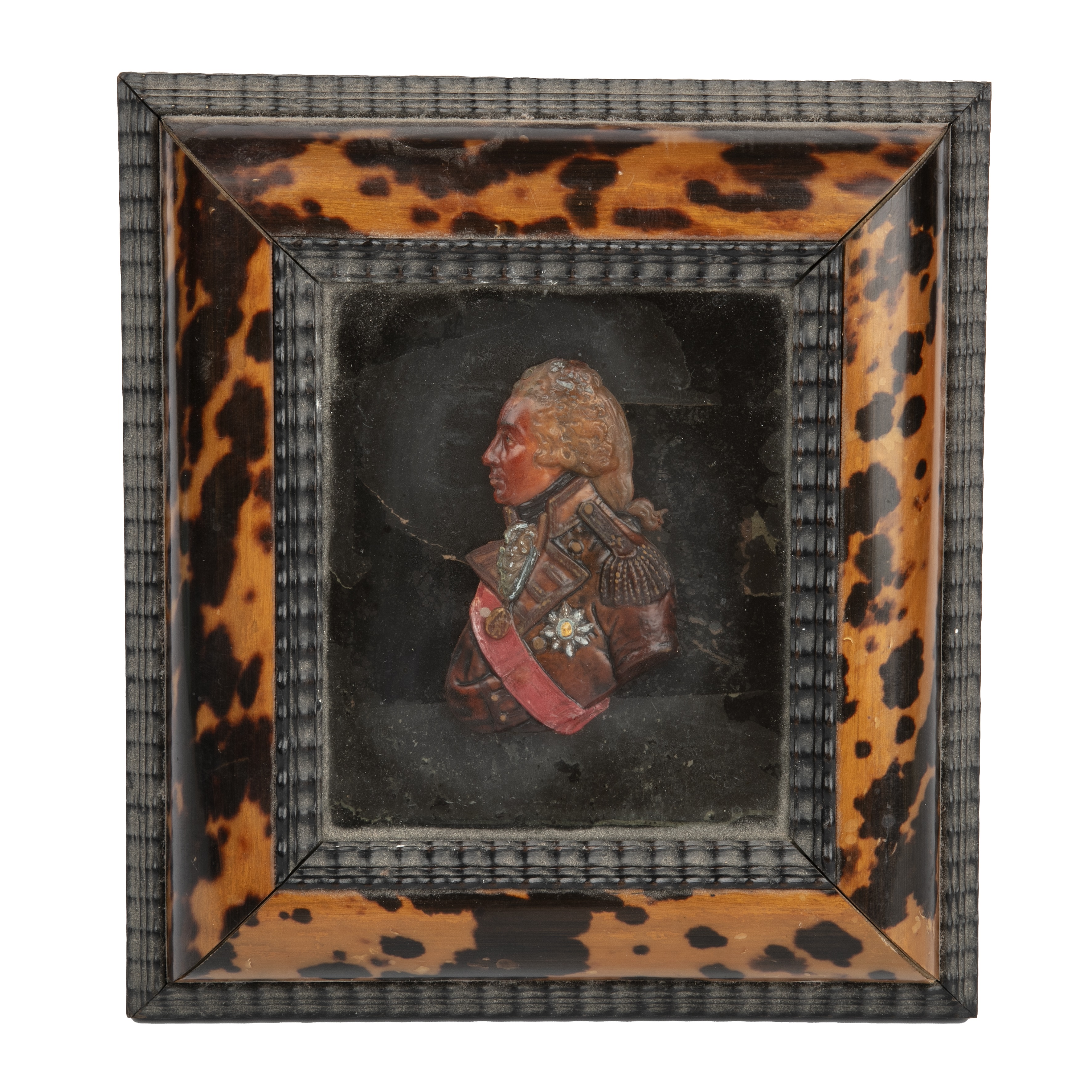 A 19th century wax relief of Horatio Nelson, signed Wyon 4cm x 7cm, mounted in a tortoiseshell and