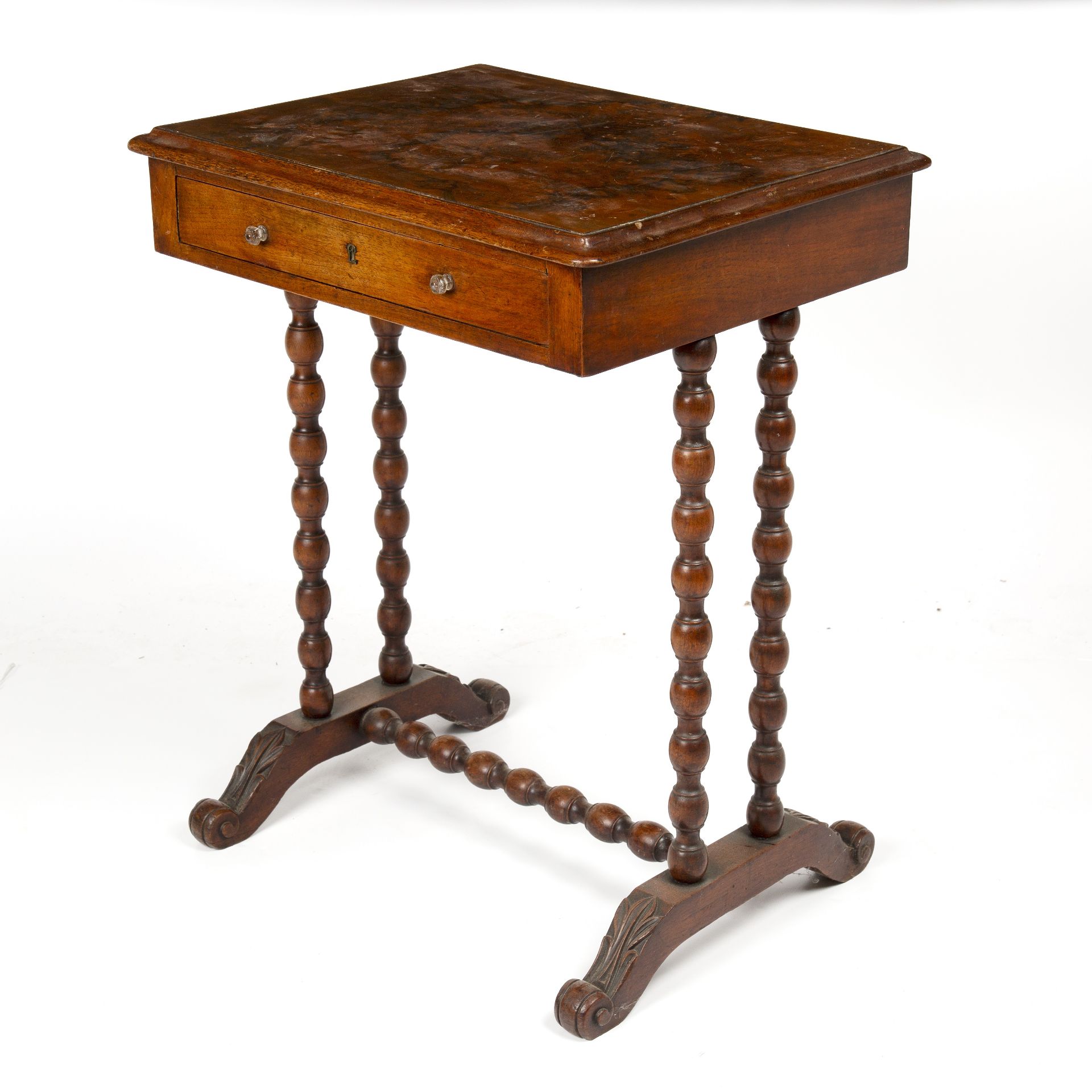 A Victorian walnut work table with bobbin turned supports 54cm wide 43cm deep 67cm high - Image 4 of 6