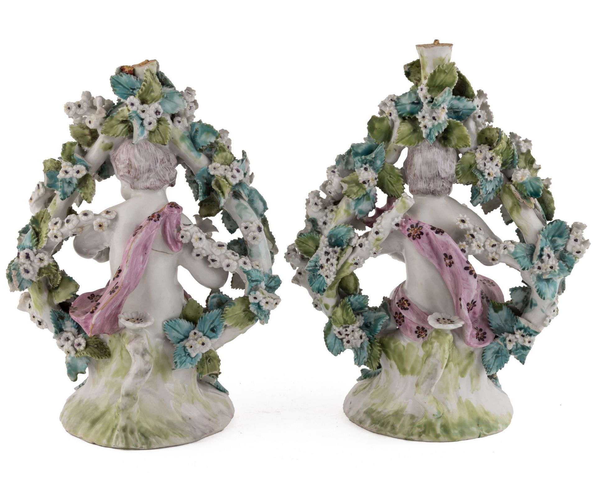 A pair late 18th century possibly Derby flower encrusted cherubs 13cm wide 19cm high Cherub with - Image 3 of 37