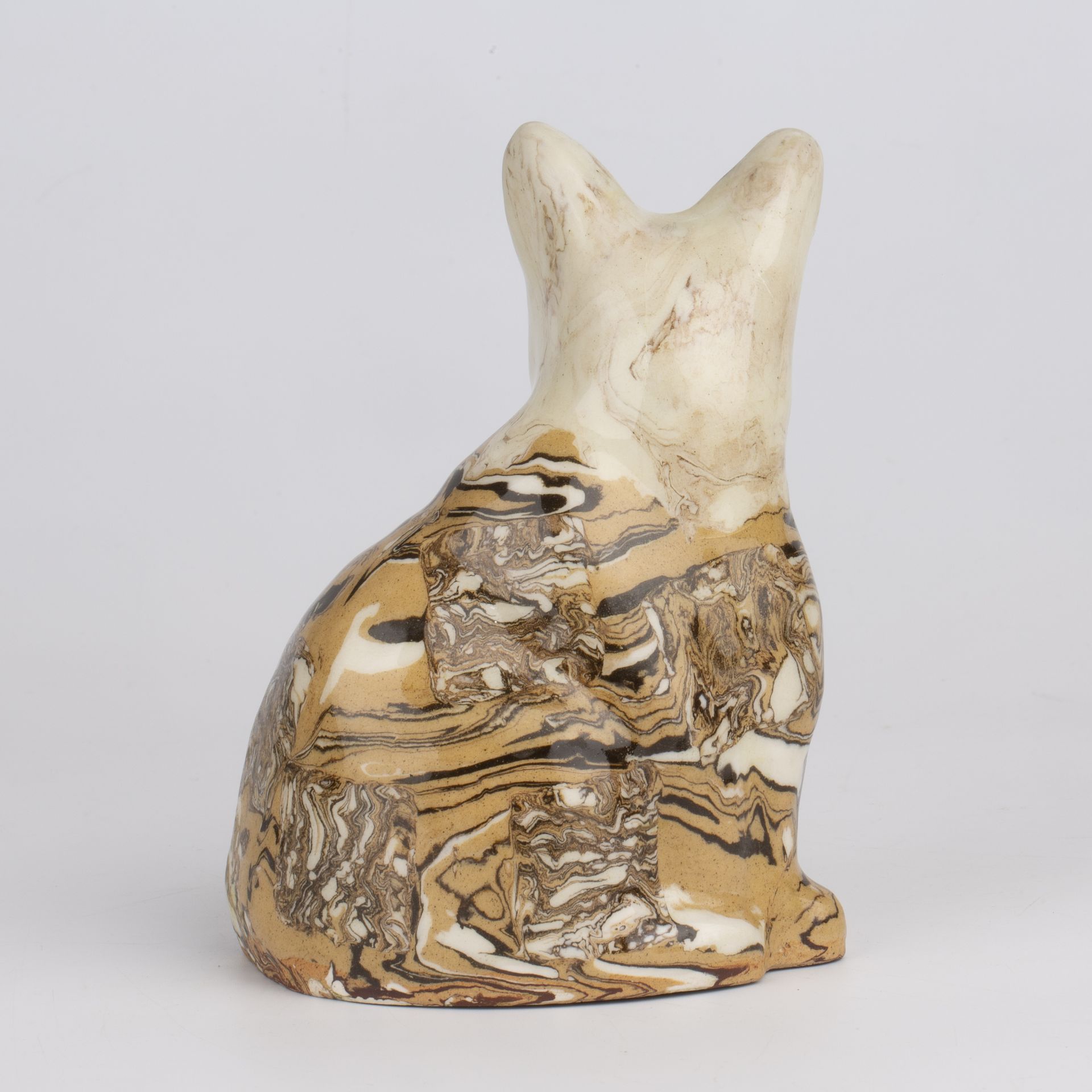 A 19th century agate ware pottery cat, with marbled glaze circa 1860 1cm wide 14.5cm high Hairline - Bild 2 aus 12