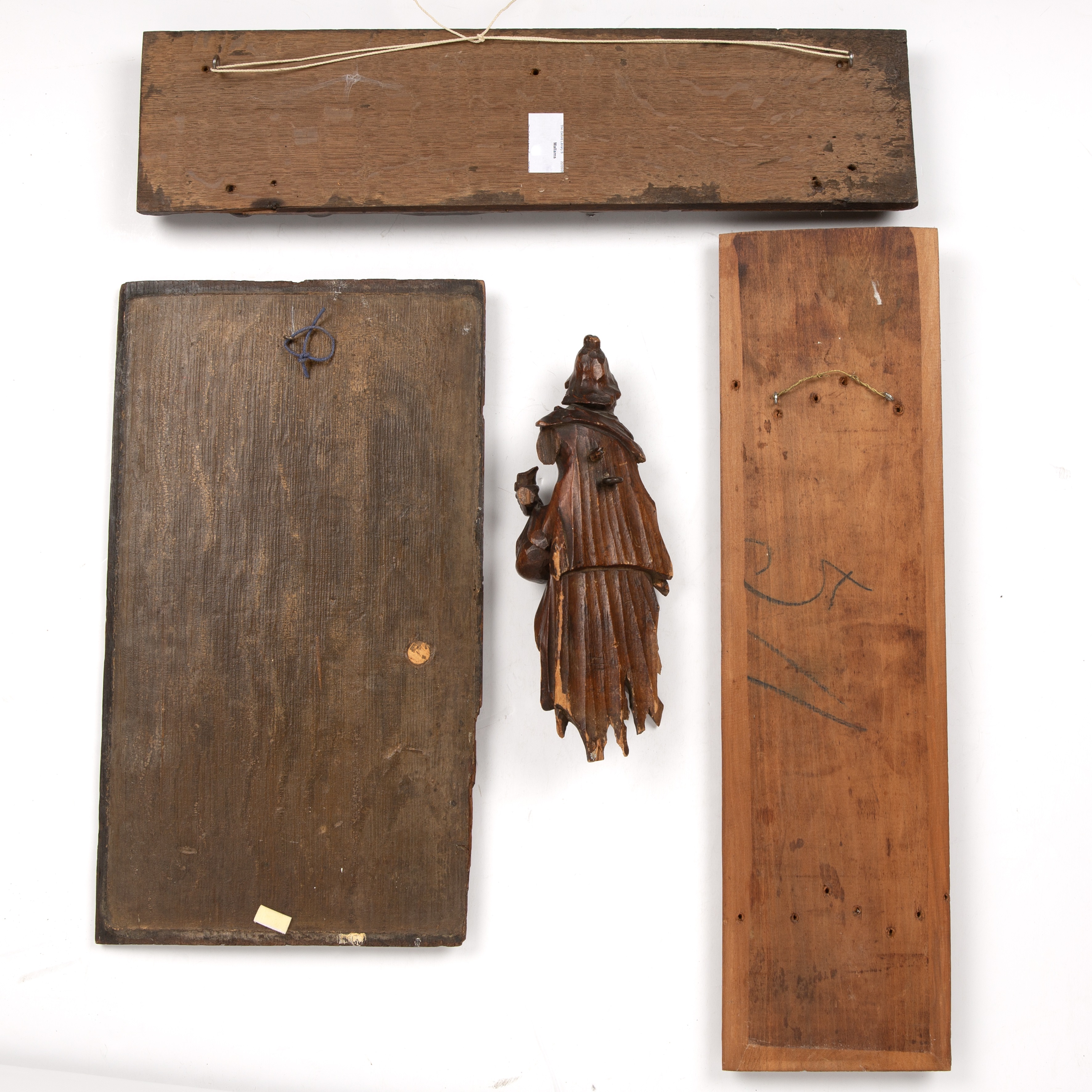 An 18th century carved softwood figure 24cm x 8cm together with three carved wood elements (4) The - Image 2 of 2